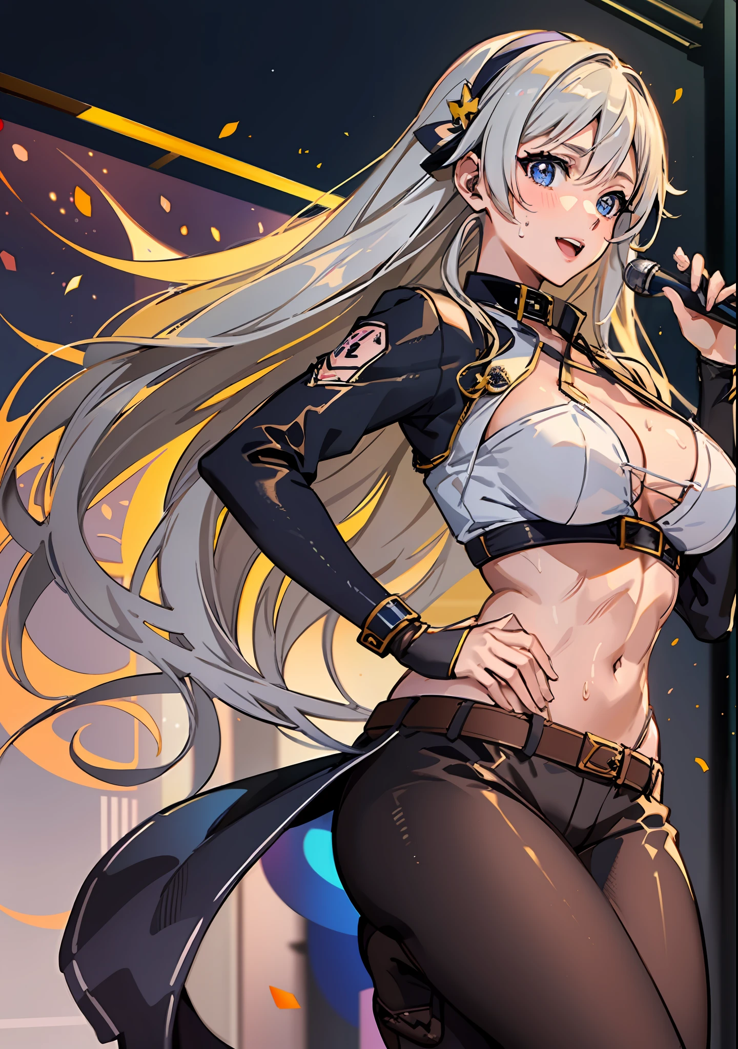 ((((Representative work 3.0、top-quality、Wearing a collar 3.0、Idol Costume 4.0、Live performances on stage、Split abs、de pele branca、Silver hair 3.0、dynamic pose1.5、large full breasts、Wearing sweat、ssmile、a blond、))))、(((Pose with emphasis on the chest)))、Long body、(((((、long legged))))),Whole human body、(((Shyness)))、Realistic skin type、an anime girl、Detailed Digital Anime Art、A seductive anime girl、extremely detailed art germ、a hyperrealistic schoolgirl、Ilyakukvshinov、Smooth Anime CG Art、Ultra Realistic Woman、ig model、ArtGerm、Photorealistic anime girl rendering、digital anime art