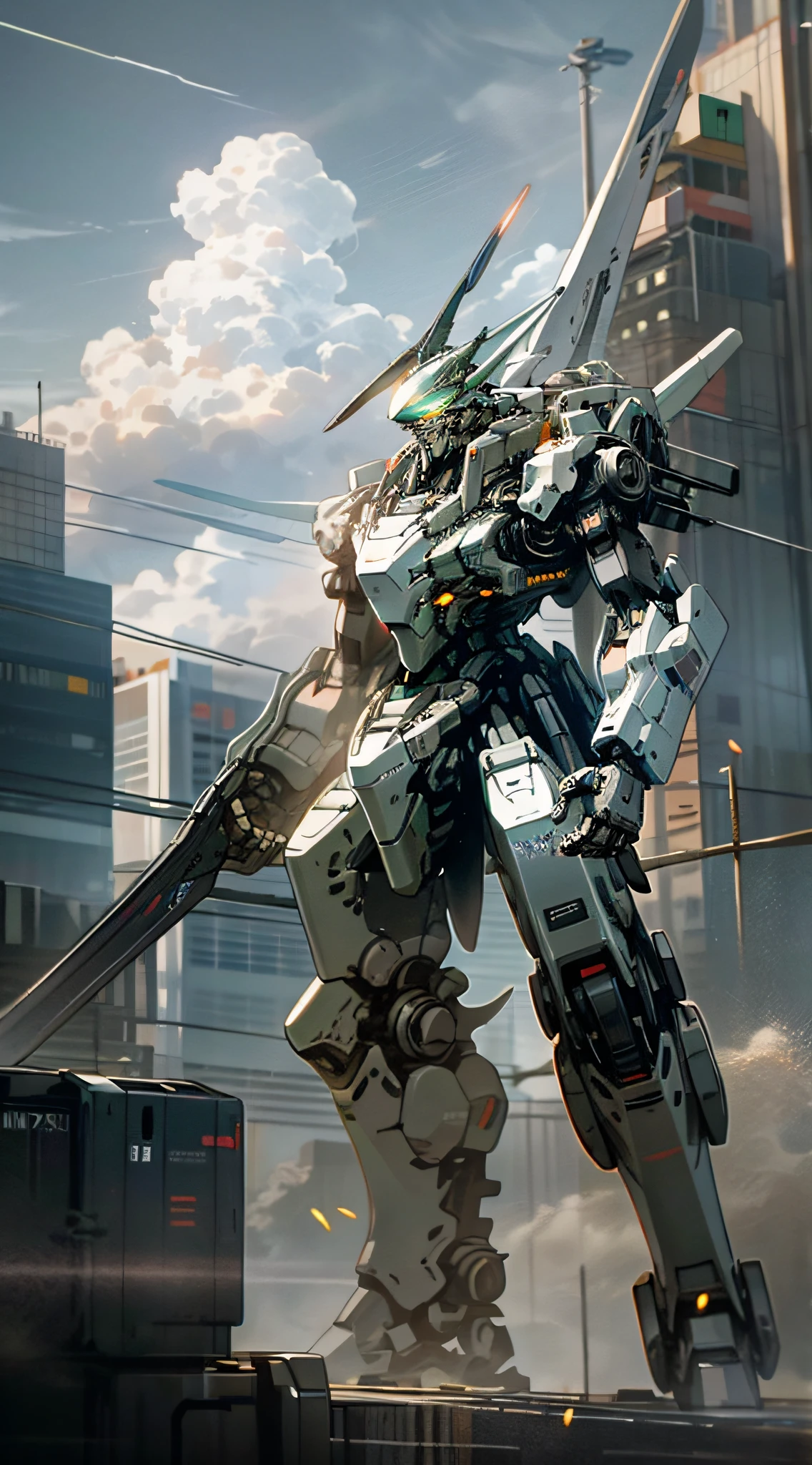 sky, cloud, holding_weapon, no_humans, glowing, , robot, building, glowing_eyes, mecha, science_fiction, city, realistic,mecha