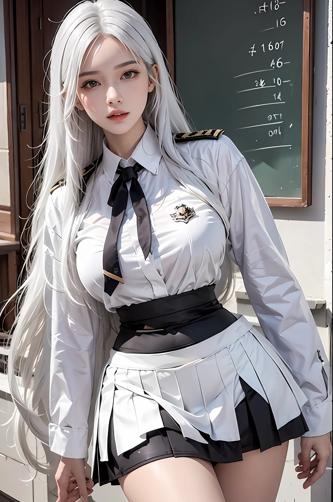photorealistic, high resolution, 1women, solo, hips up, look at viewer, (detailed face), white hair, long hair, school uniform, skirt