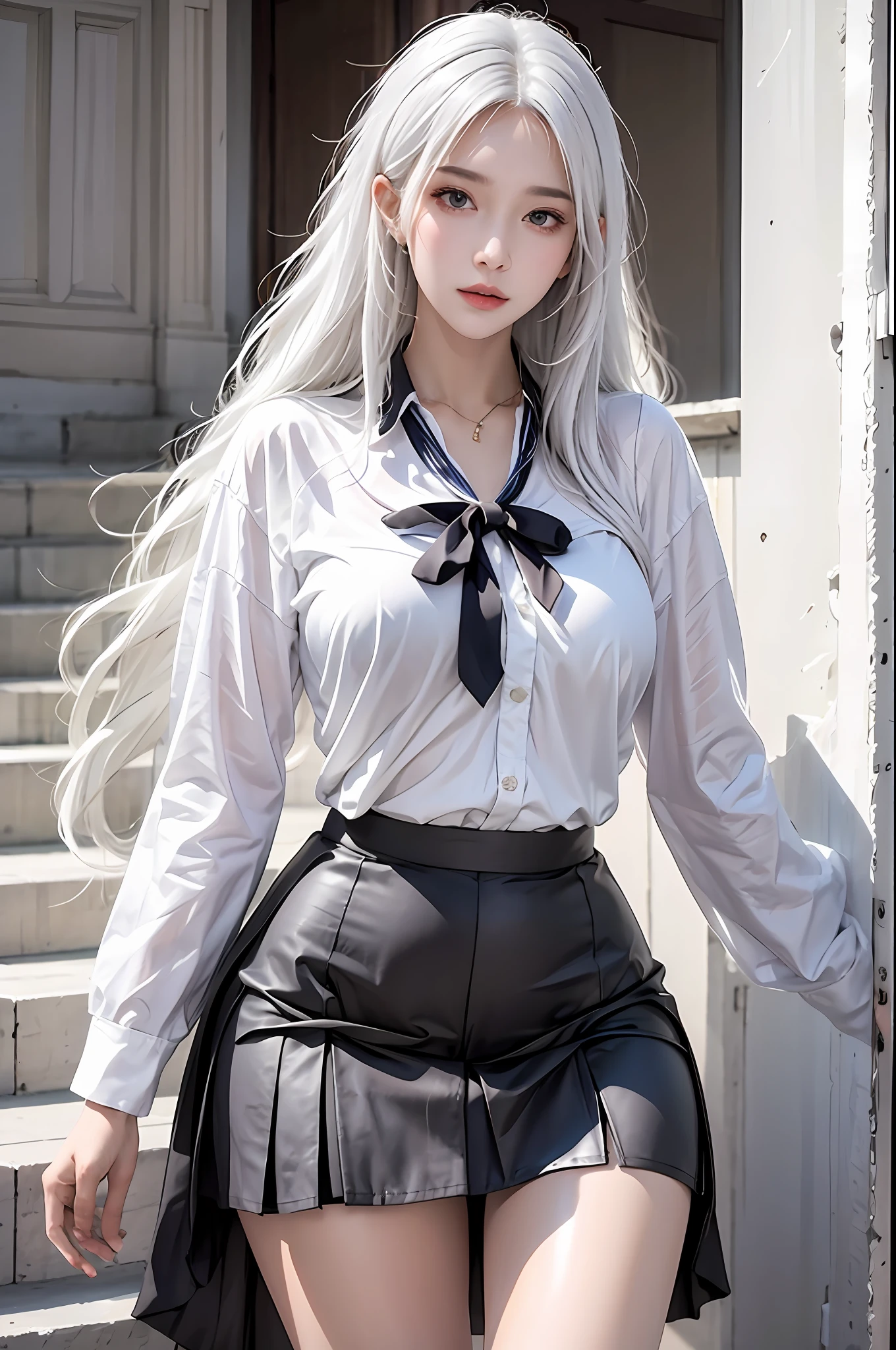 photorealistic, high resolution, 1women, solo, hips up, look at viewer, (detailed face), white hair, long hair, school uniform, skirt