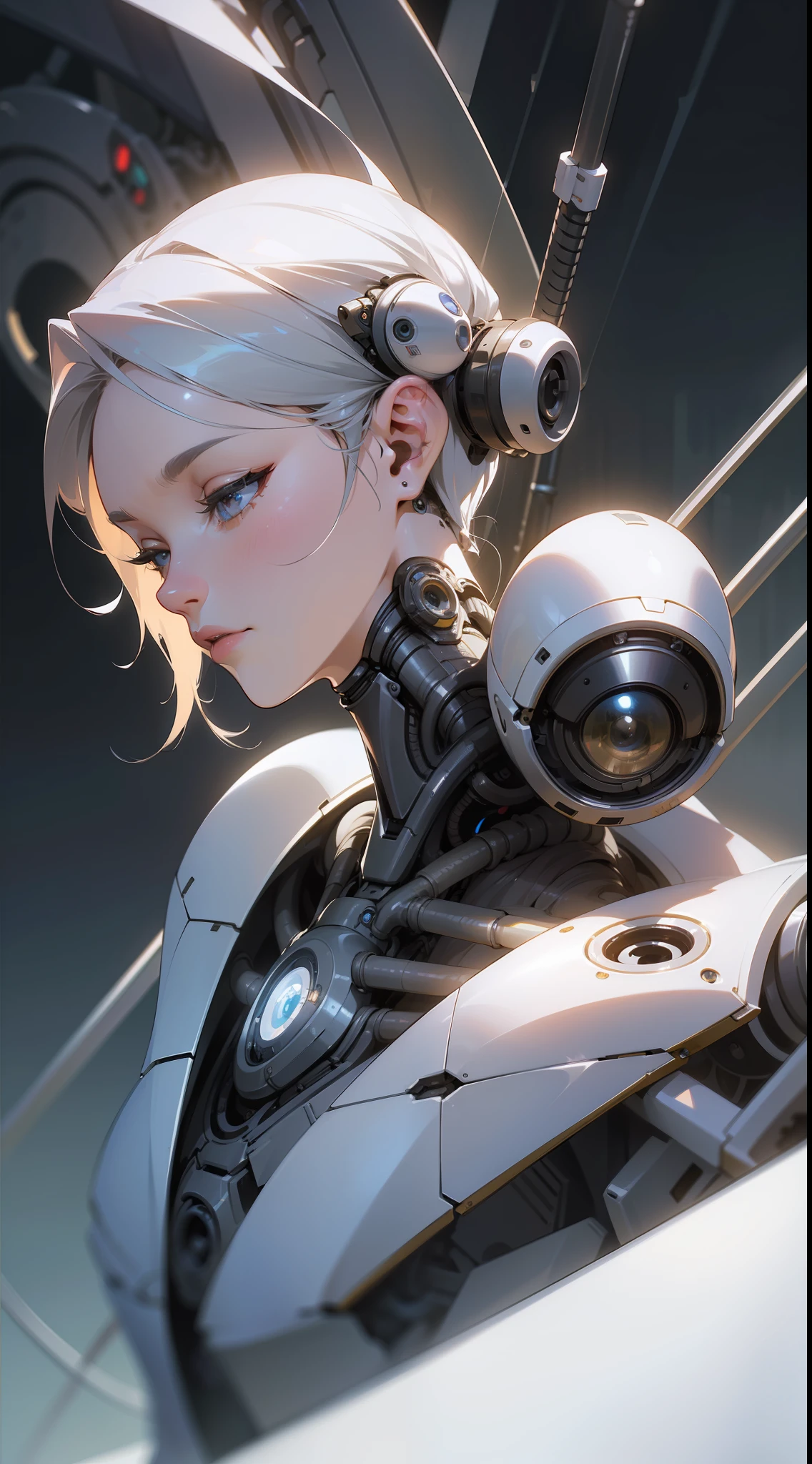 Complex 3d rendering beautiful porcelain profile ultra detailed female android face, cyborg, robot parts, 150mm, beautiful studio soft lights, rim lights, vivid details, gorgeous cyberpunk, lace, surrealistic, anatomical, facial muscles, cable wires, microchip, elegant, beautiful background, octane rendering, HR giger style , 8k, top quality, masterpiece, illustration, very delicate and beautiful, highly detailed, cg, unity, wallpaper, (realistic, photorealistic: 1.37), amazing, fine details, masterpiece, best quality, official art, highly detailed cg unity 8k wallpaper, absurd, incredibly absurd、、、 robot, silver halmet, full body, sit