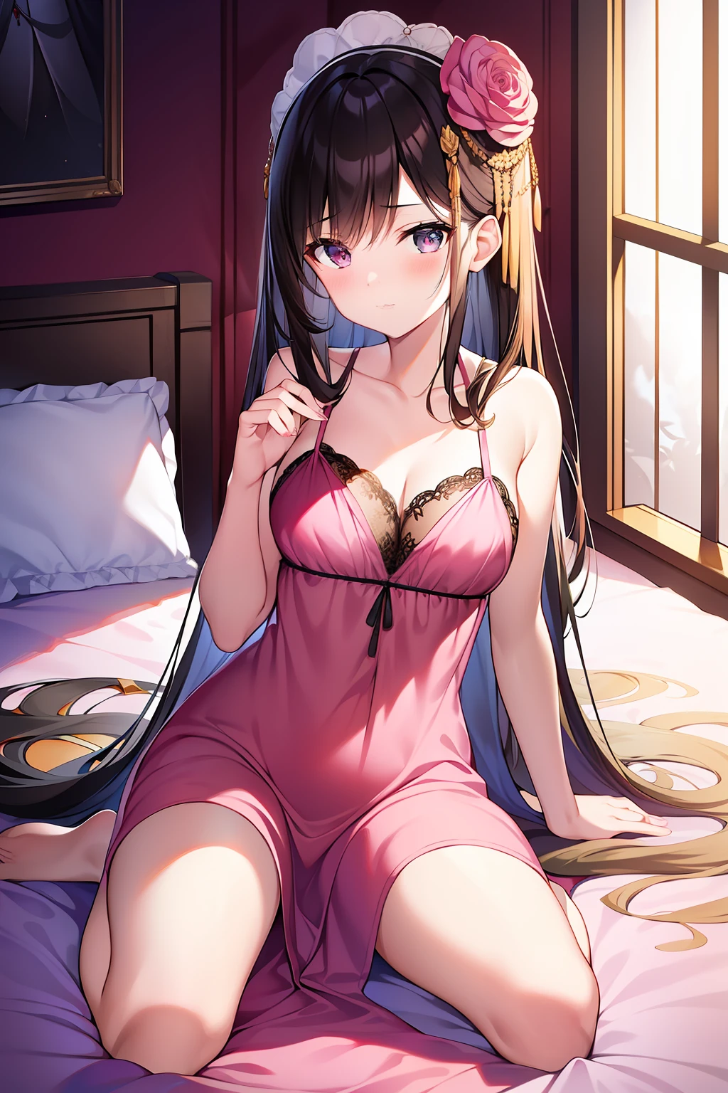 Pubic area is clear,4k wallpaper,HighestQuali,1 teenage girl,brunette color hair,Black eyes,Pink jade silk nightdress(flower pattern),Reallightandshadow,Warm lighting,European style bedroom,Pink silk bedding