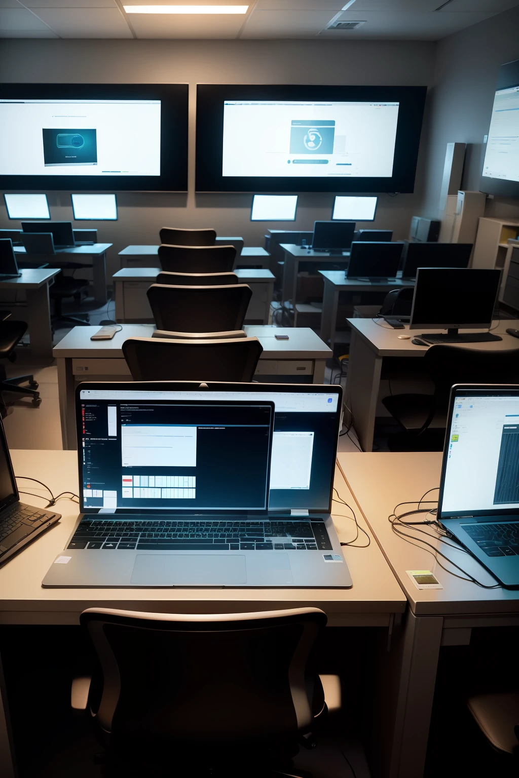 There are many computers on the desks in the room, ambiente de alta tecnologia, sala cheia de computadores, em data center realista