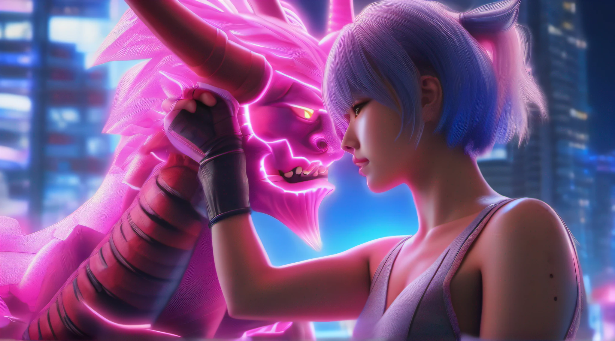 japanese oni is fighting a beautiful girl,18yo, over the city,pink short hair, blue eyes,Conceptual art, best photo shot, glowing light, realistic, UHD, textured skin, masterpiece, anatomically correct, best quality, 8k, full body,