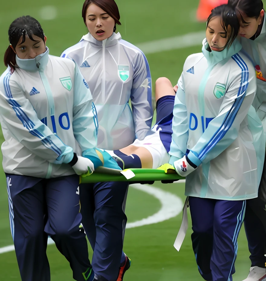a soccer scene in a chinese sports stadium, rainy weather, wet ground, rainfall, injury scene in a sports stadium, stretcher carry, there are four female medics in wet raincoats who carrying a stretcher, there are four female medics in wet raincoats who are carrying a stretcher in a rainy sports stadium, there is a wounded male soccer player in a matte short cotton sports outfit lying on the stretcher, an injured male soccer player is lying on his back on a stretcher and is rearing up in agony, a soccer player is rearing up in pain while lying on his back on a stretcher, dramatic scene, theatralic posing scene, dramatic pity scene, injury soccer, first aid, help, pity, there are four female medics in shiny raincoats who are looking very sad and very terrified and very shocked, the injured soccer player is screaming out in pain while he is carried from the pitch on a stetcher through the rain