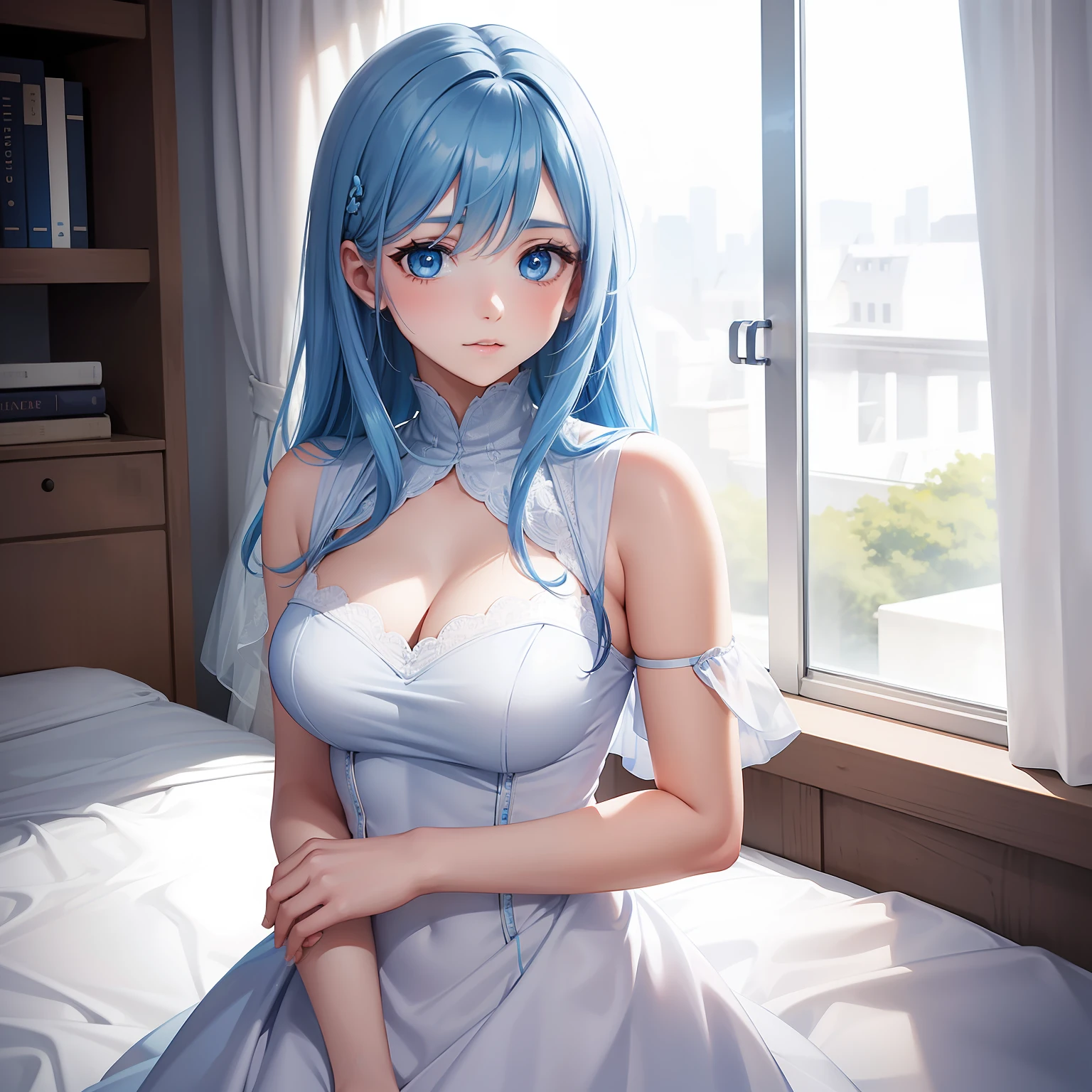 a women, blue hair, blue eyes, white dress