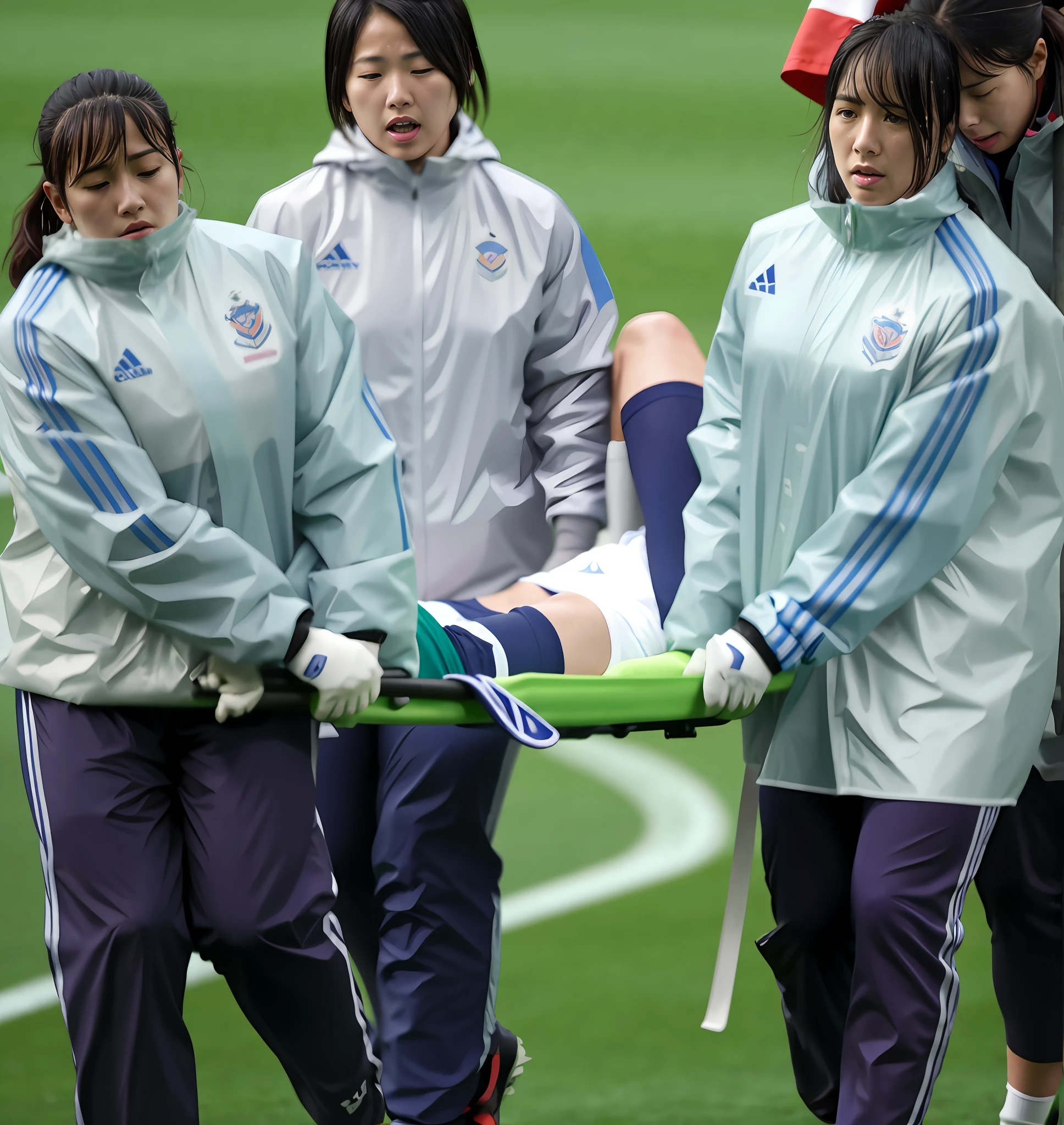a soccer scene in a chinese sports stadium, rainy weather, wet ground, rainfall, injury scene in a sports stadium, stretcher carry, there are four female medics in wet raincoats who carrying a stretcher, there are four female medics in wet raincoats who are carrying a stretcher in a rainy sports stadium, there is a wounded male soccer player in a matte short cotton sports outfit lying on the stretcher, an injured male soccer player is lying on his back on a stretcher and is rearing up in agony, a soccer player is rearing up in pain while lying on his back on a stretcher, dramatic scene, theatralic posing scene, dramatic pity scene, injury soccer, first aid, help, pity, there are four female medics in shiny raincoats who are looking very sad and very terrified and very shocked, the injured soccer player is screaming out in pain while he is carried from the pitch on a stetcher through the rain