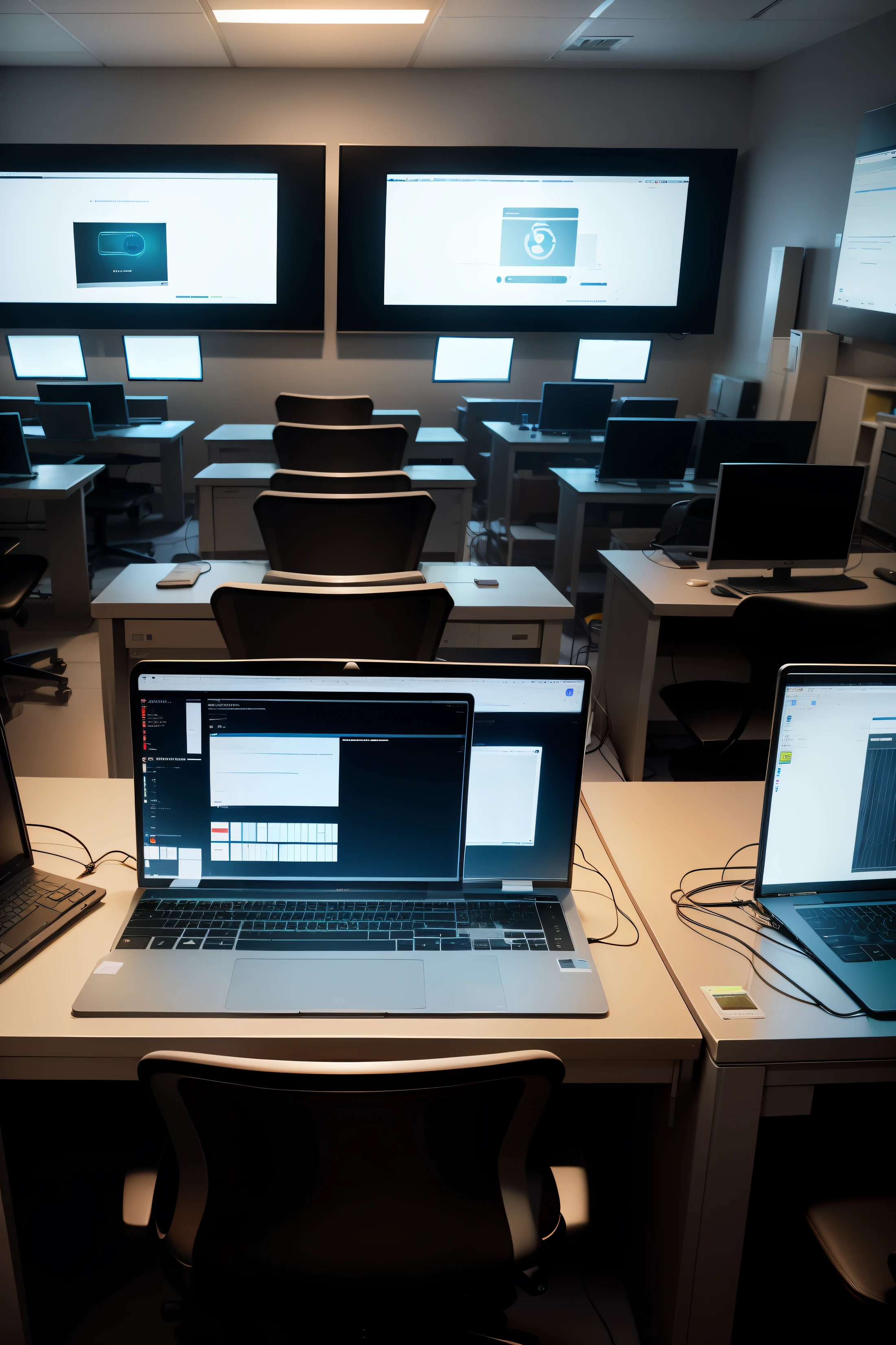There are many computers on the desks in the room, ambiente de alta tecnologia, sala cheia de computadores, em data center realista
