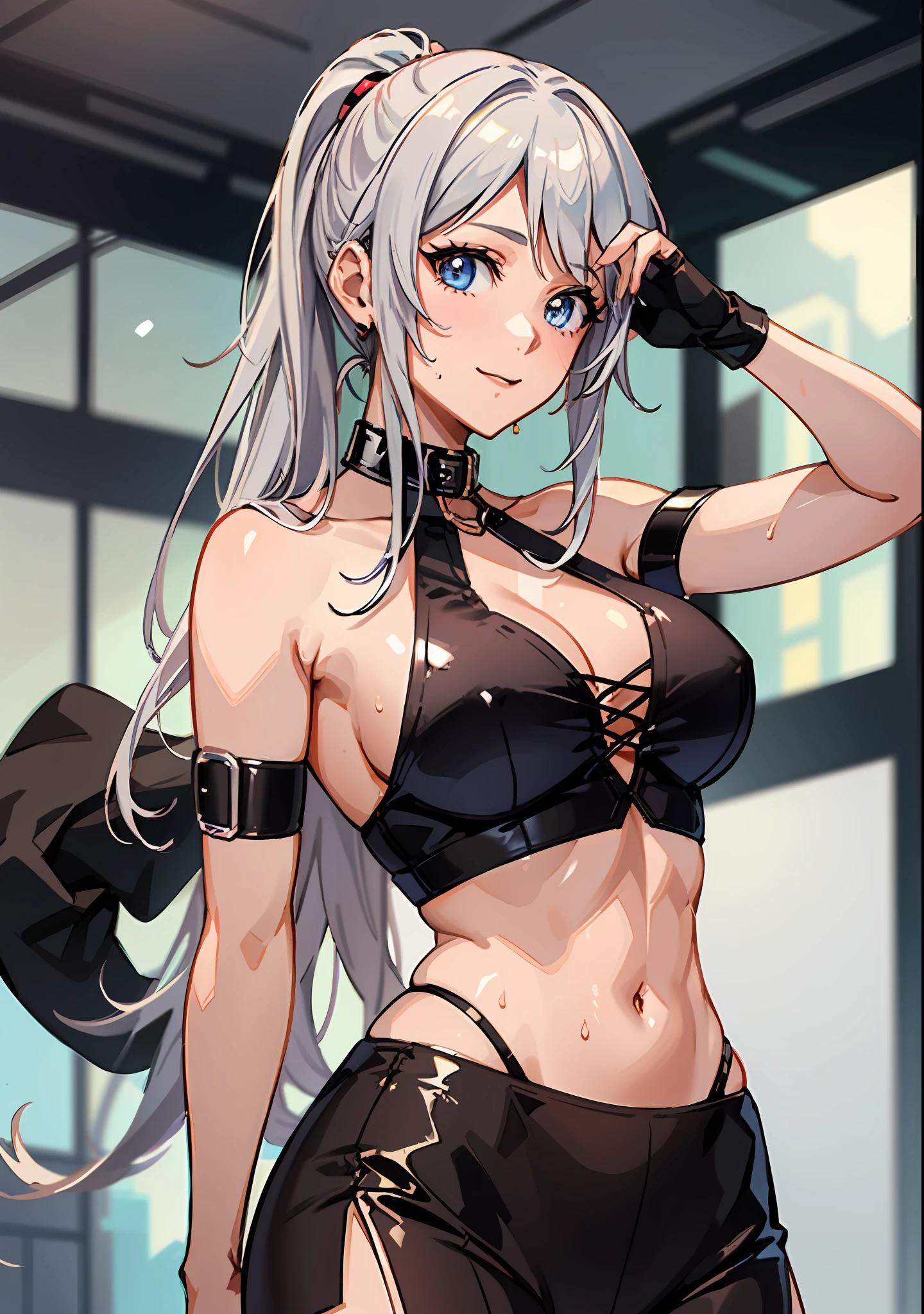 ((((Representative work 3.0、top-quality、Wearing a collar 3.0、Idol Costume 4.0、poneyTail、Live venue background 3.0、Live performance on Stage 3.0、Split abs、de pele branca、Silver hair 3.0、dynamic pose1.5、large full breasts、Wearing sweat、ssmile、Silver hair、))))、Long body、(((((long legged))))),Whole human body、(((Shyness)))、Realistic skin type、an anime girl、Detailed Digital Anime Art、A seductive anime girl、extremely detailed art germ、a hyperrealistic schoolgirl、Ilyakukvshinov、Smooth Anime CG Art、Ultra Realistic Woman、ig model、ArtGerm、Photorealistic anime girl rendering、digital anime art