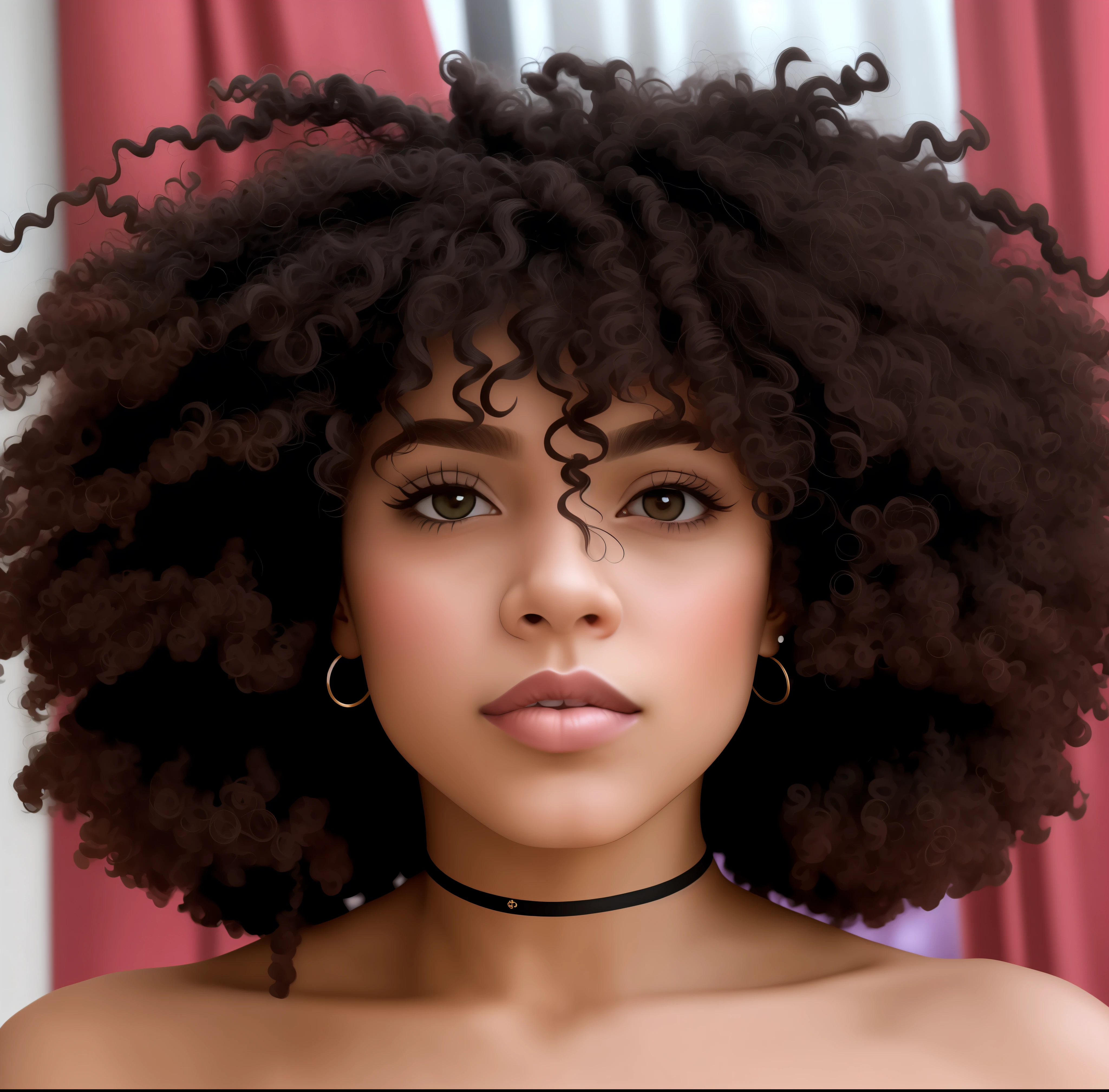 There is a woman with a very large afro with a red strangulation on her neck, franja encaracolado, afro encaracolado, cabelo encaracolado preto, cabelos negros cacheados, cabelos cacheados, seu rosto emoldurado com cachos, encaracolado, cachos por cima, cabelo afro, cabelo curto preto encaracolado, curly hair, afro, com afro, cabelos escuros cacheados, curly middle part haircut, cabelos cachos, Cachos