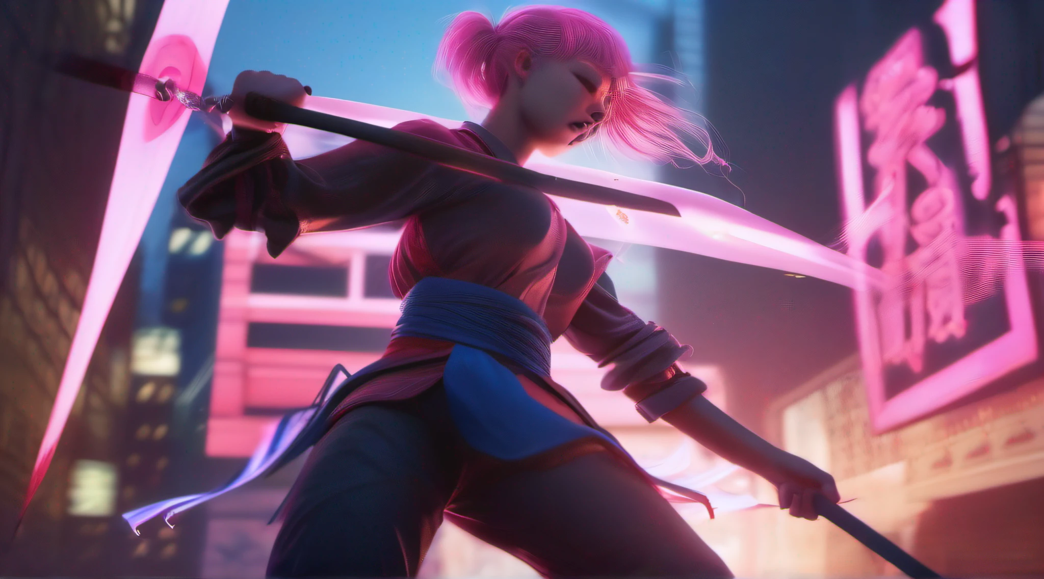 japanese oni is fighting a beautiful girl,18yo, over the city,pink short hair, blue eyes,Conceptual art, best photo shot, glowing light, realistic, UHD, textured skin, masterpiece, anatomically correct, best quality, 8k, full body,