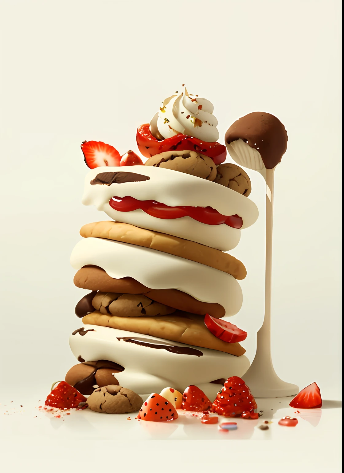 There were a bunch of cookies and ice cream，Fruits and sweets, 4k polymer clay food photography, culinary art photography, award winning food photography, food commercial 4 k, detailed conceptual photography, high quality food photography, Amazing food photography, super realistic food picture,close up food photography