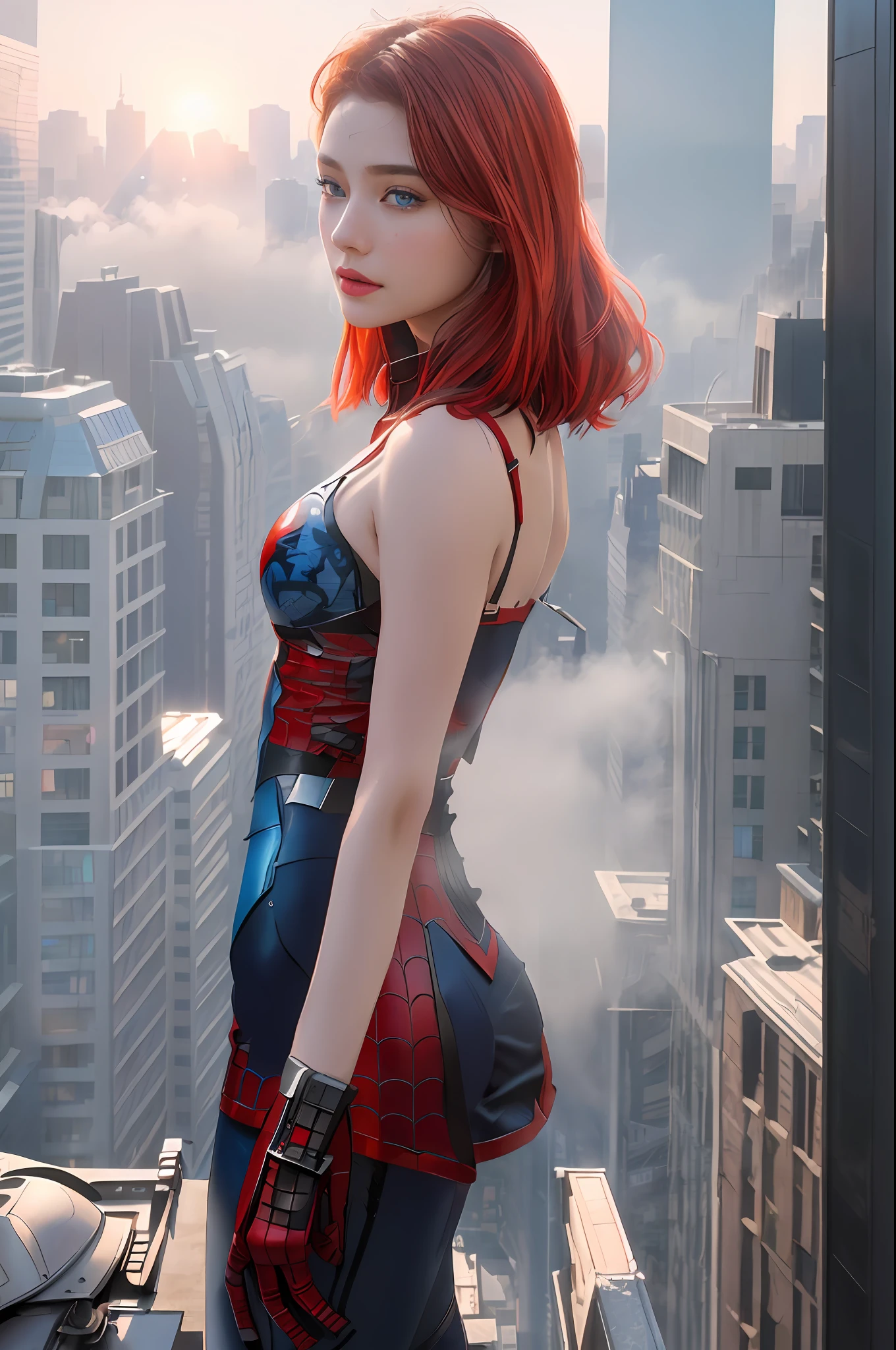 (1girl:1.3), Solo, (((Very detailed face)))), ((Very detailed eyes and face)))), Beautiful detail eyes, Body parts__, Official art, Unified 8k wallpaper, Super detailed, beautiful and beautiful, beautiful, masterpiece, best quality, original, masterpiece, super fine photo, best quality, super high resolution, realistic realism, sunlight, full body portrait, amazing beauty, dynamic pose, delicate face, vibrant eyes, (from the front), She wears Spider-Man suit, red and black color scheme, spider, very detailed city roof background, rooftop, overlooking the city, detailed face, detailed complex busy background, messy, gorgeous, milky white, highly detailed skin, realistic skin details, visible pores, clear focus, volumetric fog, 8k uhd, DSLR, high quality, film grain, fair skin, photo realism, lomography, futuristic dystopian megalopolis, translucent