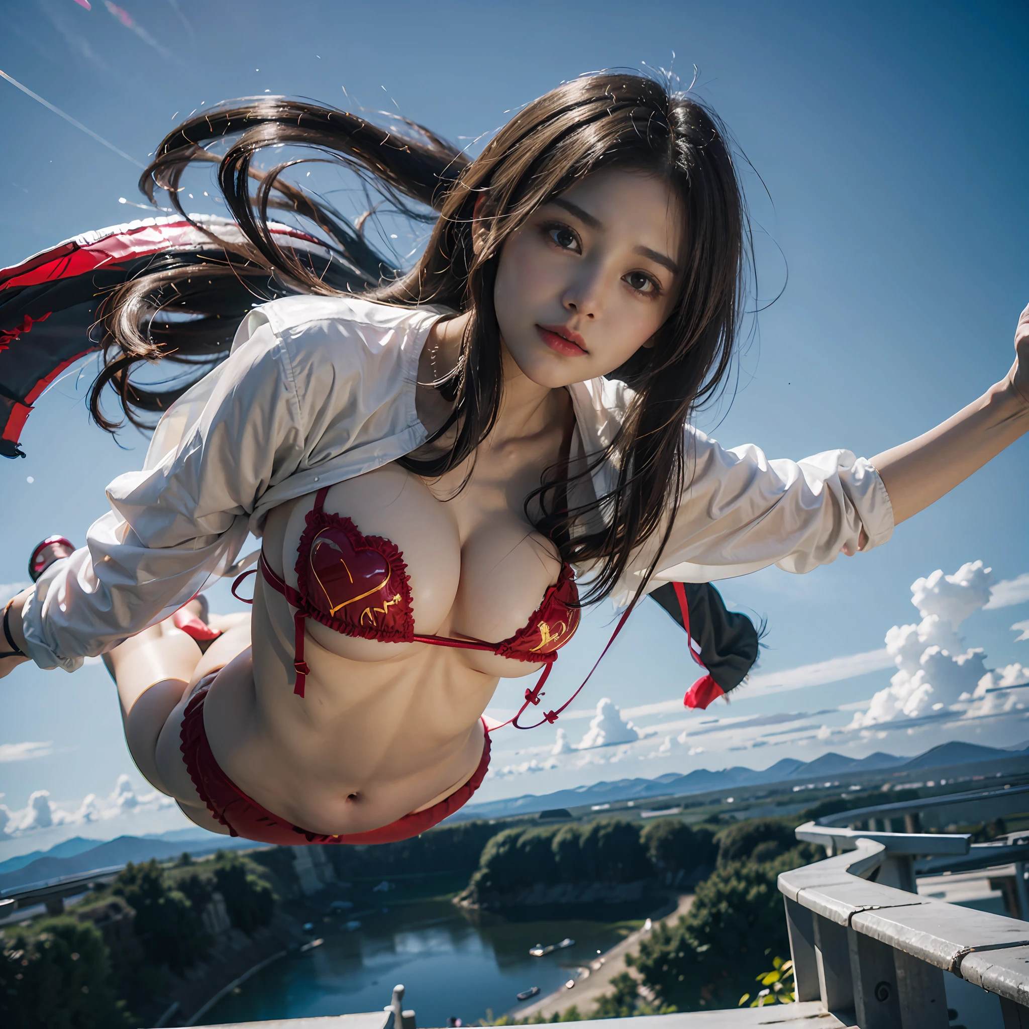 8K full body portrait of young girl、ultra wide lens、skydiving、Falling、Flying、In the sky、Skywalk、Strong wind is blowing、Strangeware、Translucent jacket、There is a red heart-shaped body paint、G-String Panties、Thin cloth、semi transparent、Nipple Top、Camel toe、Photorealsitic:1.37