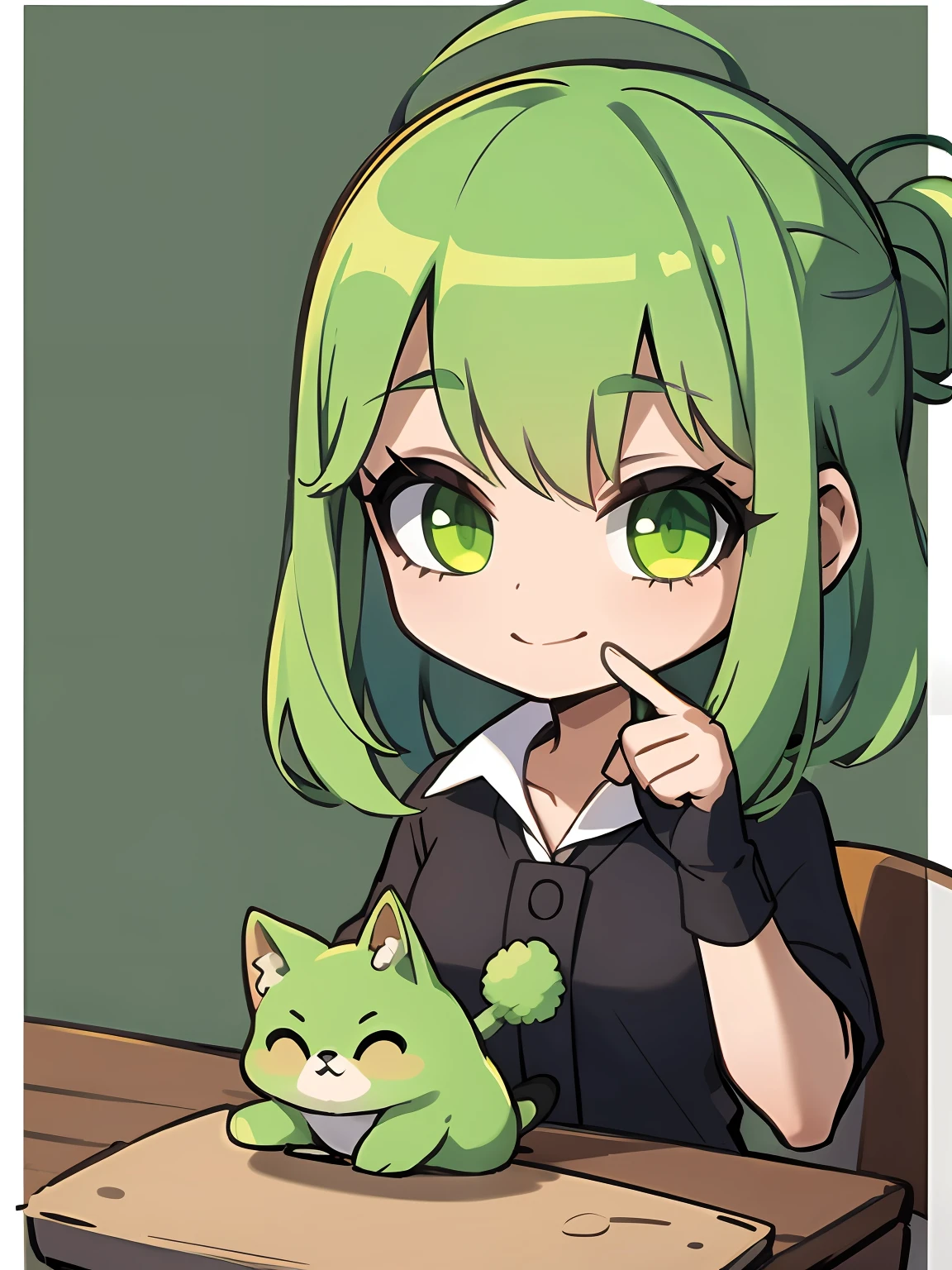 1girl in、((​masterpiece、top-quality))、(独奏)、(female focus)、(Green hair、Medium Hair)、Green shirt、Black tie、ssmile、satisfied、Pampering、a Dog、curiosity、simple background