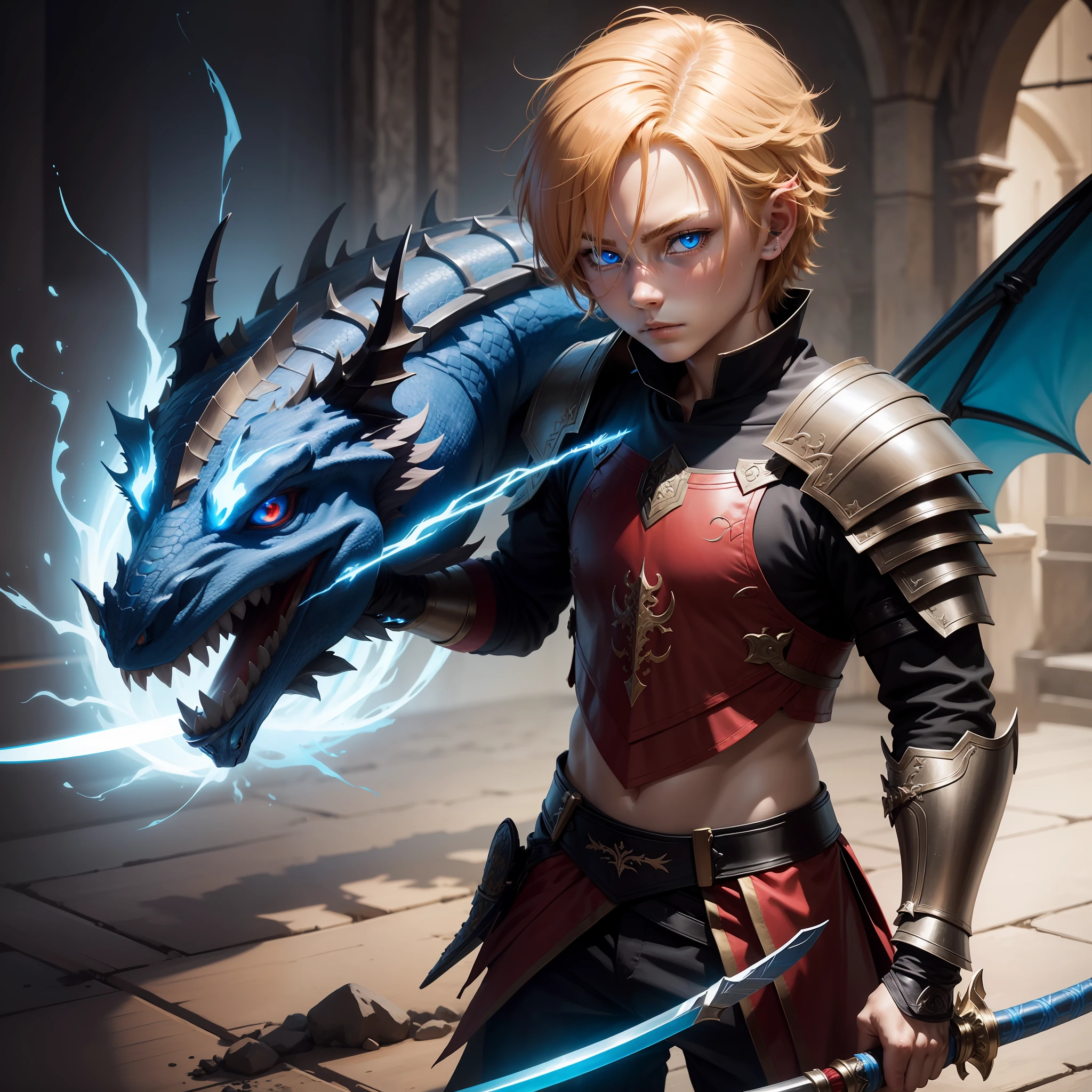 7--old rior male, glowing blue eyes, holding longsword, magical longsword, pet dragon by his side, red and black dragon, clean design, high detail face, high detail dirty blonde hair, hair five inches long, swinging sword