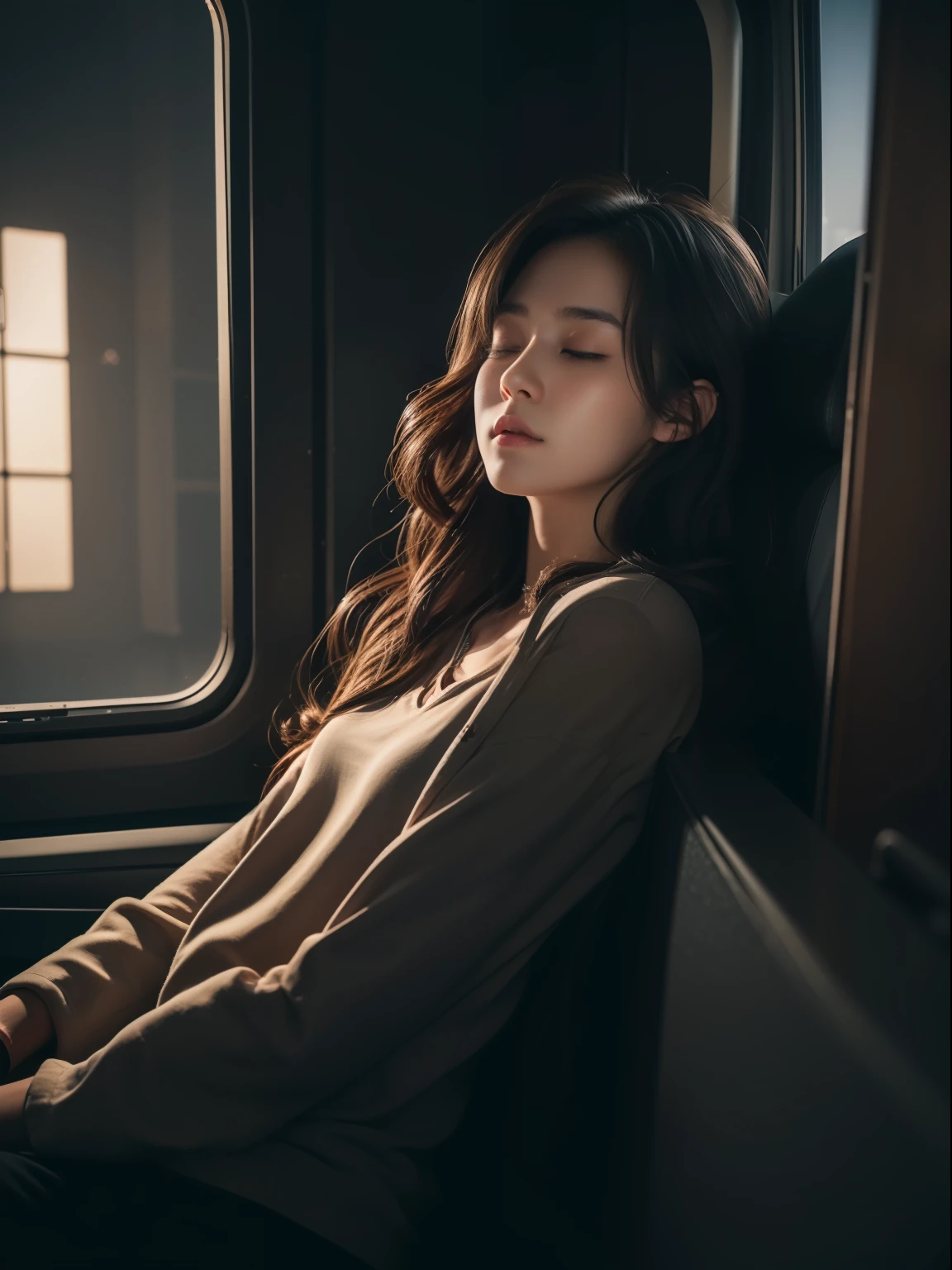 (1 girl:1.3), ((leaning on the back, 21 years old korean cute girl, long curly hair),sleeping, closed eyes, spread legs, straight to viewer), pilot uniform, pilot cap, airplane interior, pov, Ray Tracing, realistic, photorealistic, detailed, realistic details, depth of field, (realistic, photo-realistic:1.37), (8k, RAW photo, best quality, masterpiece:1.2), dark alley, ultra-detailed, physically-based rendering, ultra high res, professional lighting, dramatic lighting