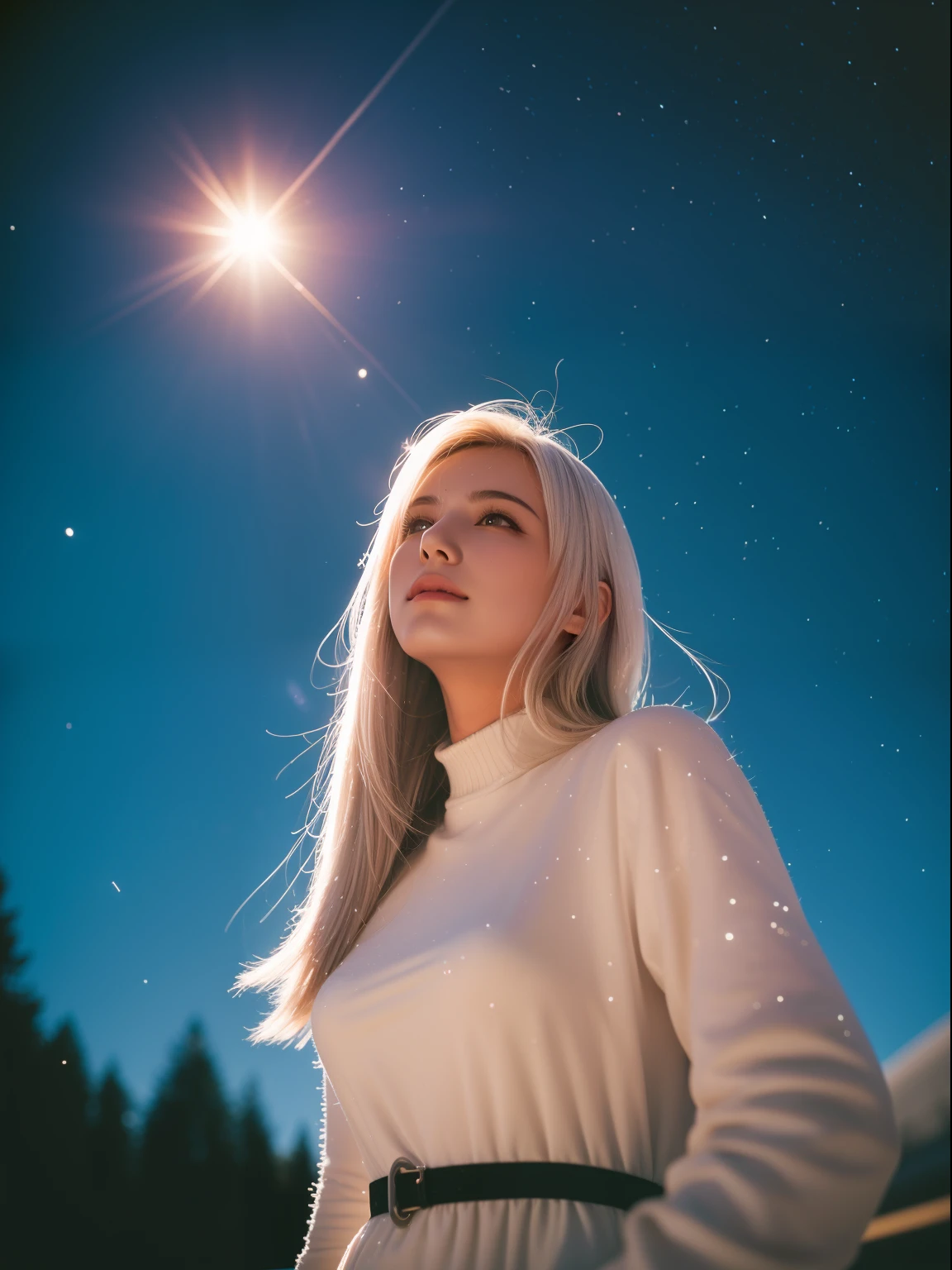 1girl,star_\(sky\), starry_sky, night, shooting_star, night_sky, space, milky_way, 1girl, sky, mecha, long_hair, weapon, snowing, galaxy, light_particles, constellation, space_craft, aurora, white_hair, armor, photography, masterpiece, best quality, 8K, HDR, highres, absurdres:1.2, Kodak portra 400, film grain, blurry background, bokeh:1.2, lens flare, (vibrant color:1.2),gril.