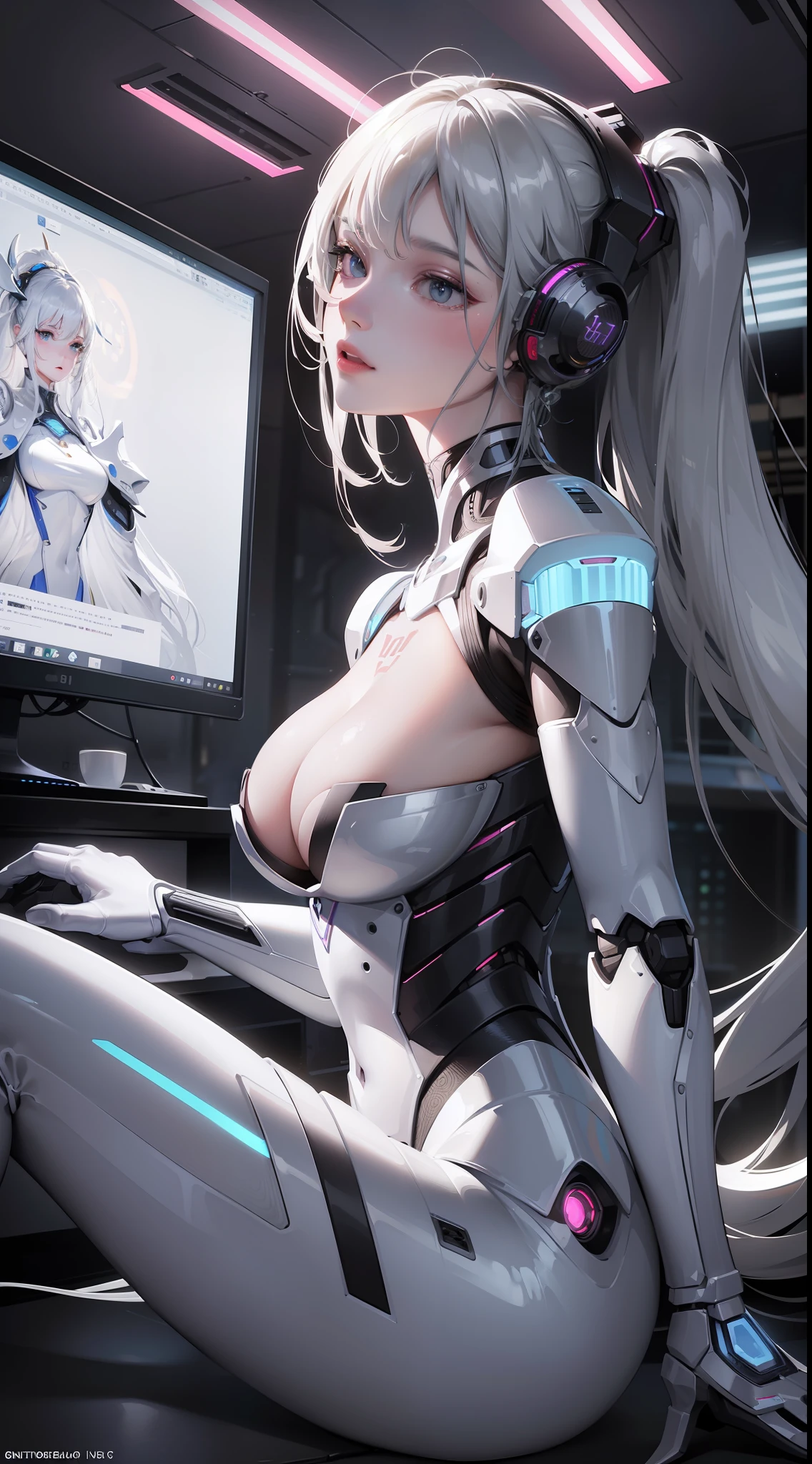 Complex 3d rendering beautiful porcelain profile ultra detailed female android face, cyborg, robot parts, 150mm, beautiful studio soft lights, rim lights, vivid details, gorgeous cyberpunk, lace, surrealistic, anatomical, facial muscles, cable wires, microchip, elegant, beautiful background, octane rendering, HR giger style , 8k, top quality, masterpiece, illustration, very delicate and beautiful, highly detailed, cg, unity, wallpaper, (realistic, photorealistic: 1.37), amazing, fine details, masterpiece, best quality, official art, highly detailed cg unity 8k wallpaper, absurd, incredibly absurd、、、 robot, silver halmet, full body, sit