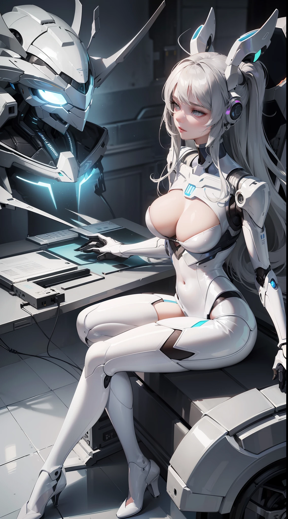 Complex 3d rendering beautiful porcelain profile ultra detailed female android face, cyborg, robot parts, 150mm, beautiful studio soft lights, rim lights, vivid details, gorgeous cyberpunk, lace, surrealistic, anatomical, facial muscles, cable wires, microchip, elegant, beautiful background, octane rendering, HR giger style , 8k, top quality, masterpiece, illustration, very delicate and beautiful, highly detailed, cg, unity, wallpaper, (realistic, photorealistic: 1.37), amazing, fine details, masterpiece, best quality, official art, highly detailed cg unity 8k wallpaper, absurd, incredibly absurd、、、 robot, silver halmet, full body, sit
