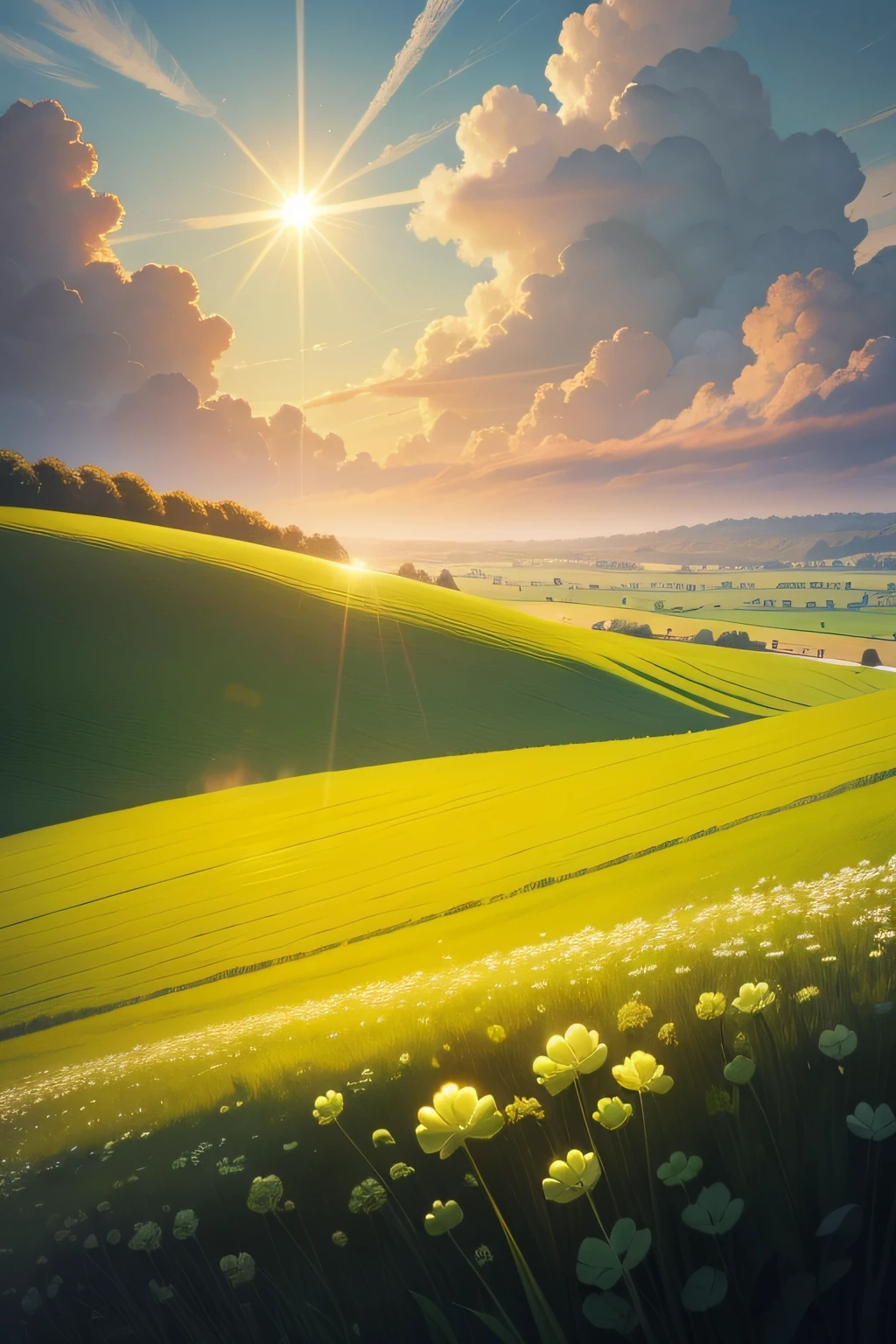 a field of clover grass with sun light and cloud