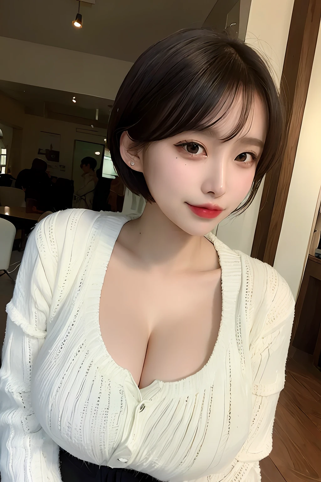 ((Top Quality, 8K, Masterpiece:1.3)), Detailed Woman:1.3, (Medium Shorthair, Big Breasts:1.2), Cardigan:1.1, Ultra Detailed, Detailed, Eyelids