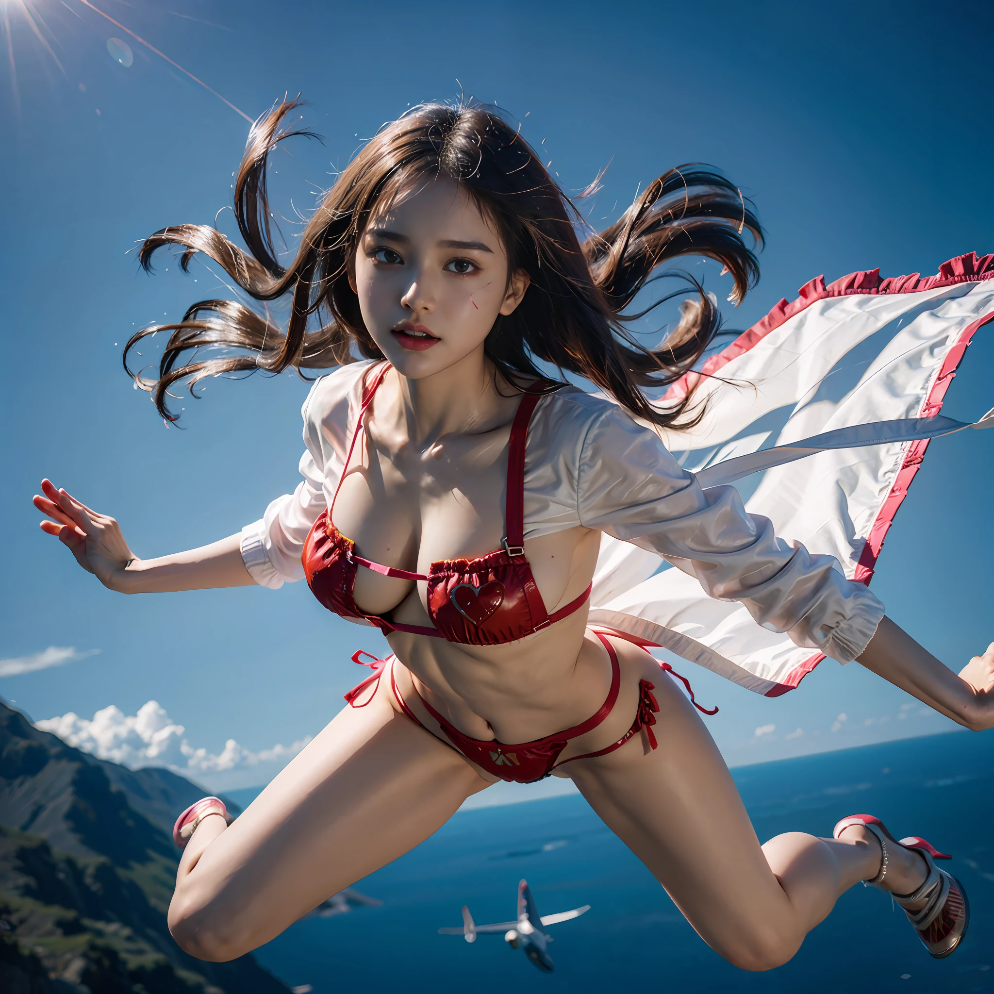 8K full body portrait of young girl、ultra wide lens、skydiving、Falling、Flying、floated hair、Strong wind is blowing、Strangeware、Translucent jacket、There is a red heart-shaped body paint、G-String Panties、Thin cloth、Nipple Top、Camel toe、Photorealsitic:1.37