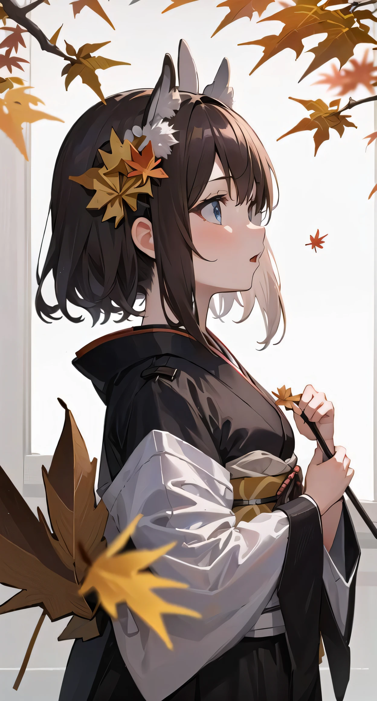 ((masterpiece,best quality)),1girl, bangs, blue eyes, blurry background, branch, brown hair, dappled sunlight, flower, from side, hair flower, hair ornament, japanese clothes, kimono, leaf, (maple leaf:1.9), obi, outdoors, sash, solo, sunlight, upper body