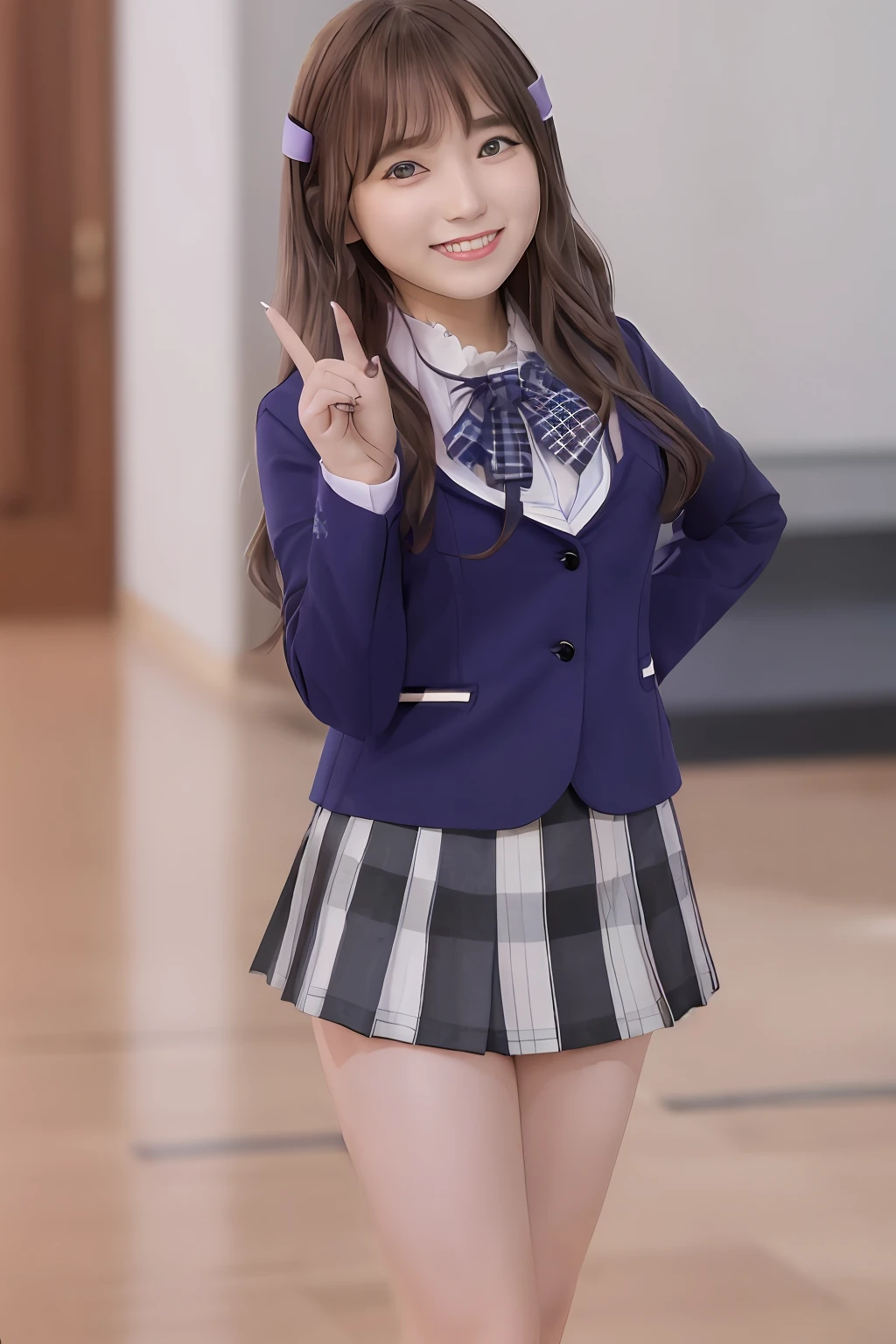 best qualtiy, tmasterpiece, (realisticlying:1.3), A woman in a blue and black sailor suit and a black and white tie, 1girll, bblurry, brown_hair, pane, checkered_jacket, depth_of_field, finger nails, Black edges, cparted lips, long_fingernails, long_hair, nail_polish, pink_nails, purple_nails, Realistis, red_nails, ssmile, 独奏, teeth, Nako Yabuki, a skirt, grinning smile, looking_at_viewer, jaket, long_sleeves,By bangs,(dimple)