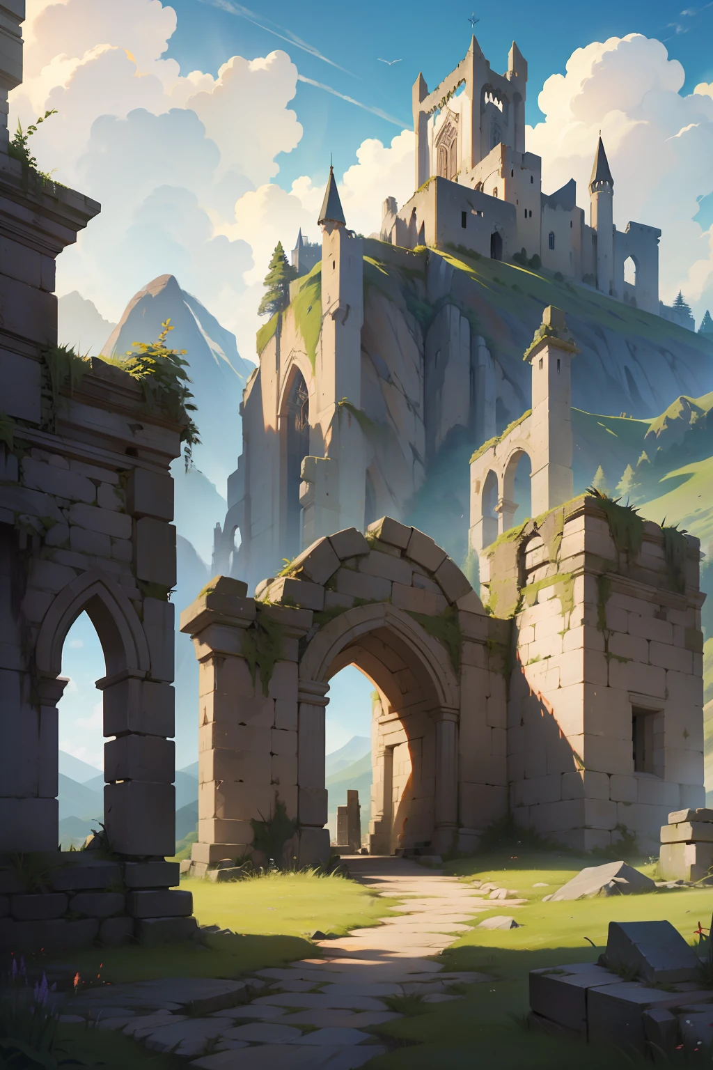 landscape, fantasy, ruins of a castle on top of a mountain in the background, stone portal with medieval runes in the foreground