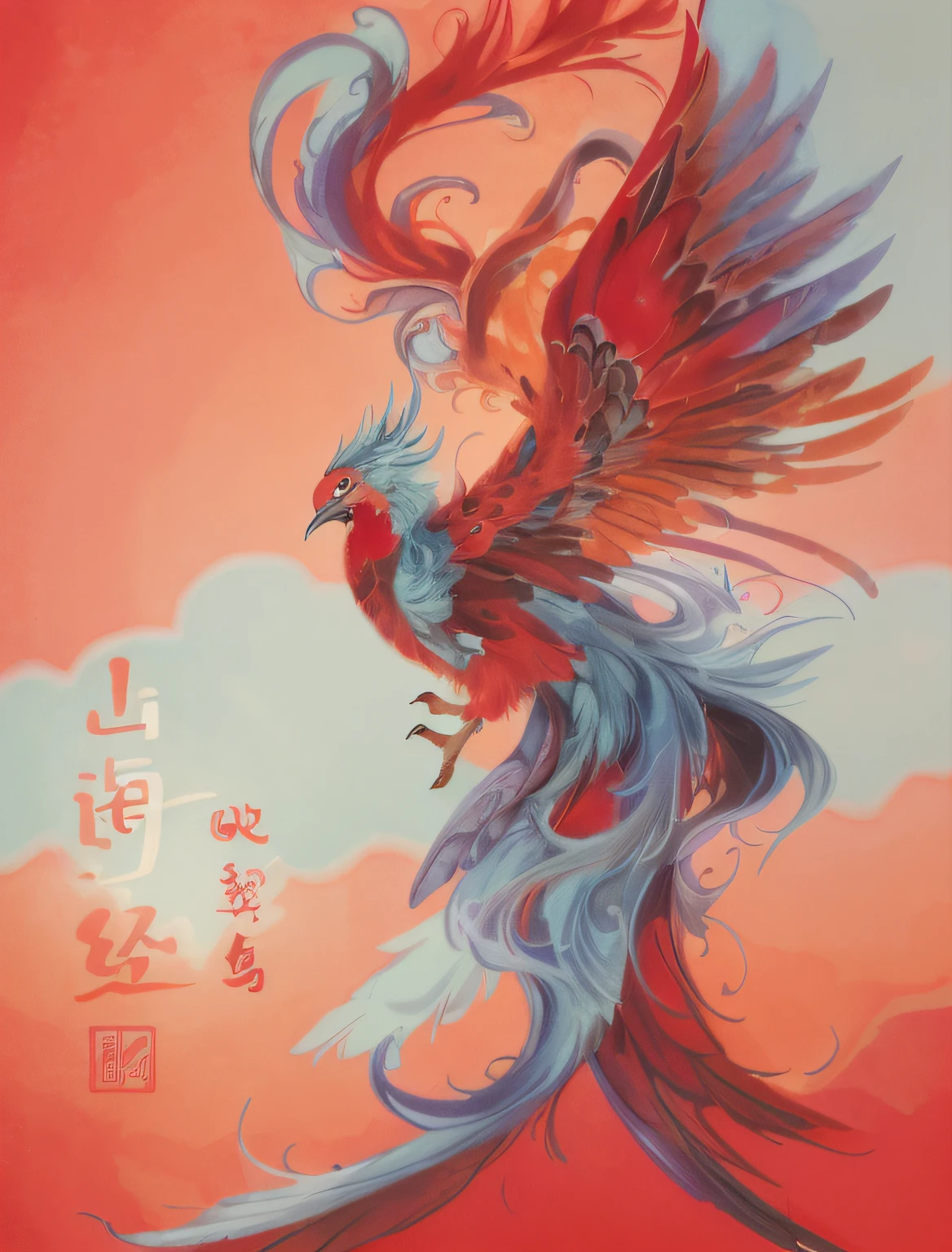 Close-up of a bird with a red tail and a blue tail, artwork of a phoenix, by Yang J, ''wallpaper of a phoenix resting, author:Park Hua, ''wallpaper of a phoenix, author:Kan Lee, author:Huang Ji, Chinese painting style, G Liulian art style, author:Qu Leilei, author:Zou Yigui, author:Julian