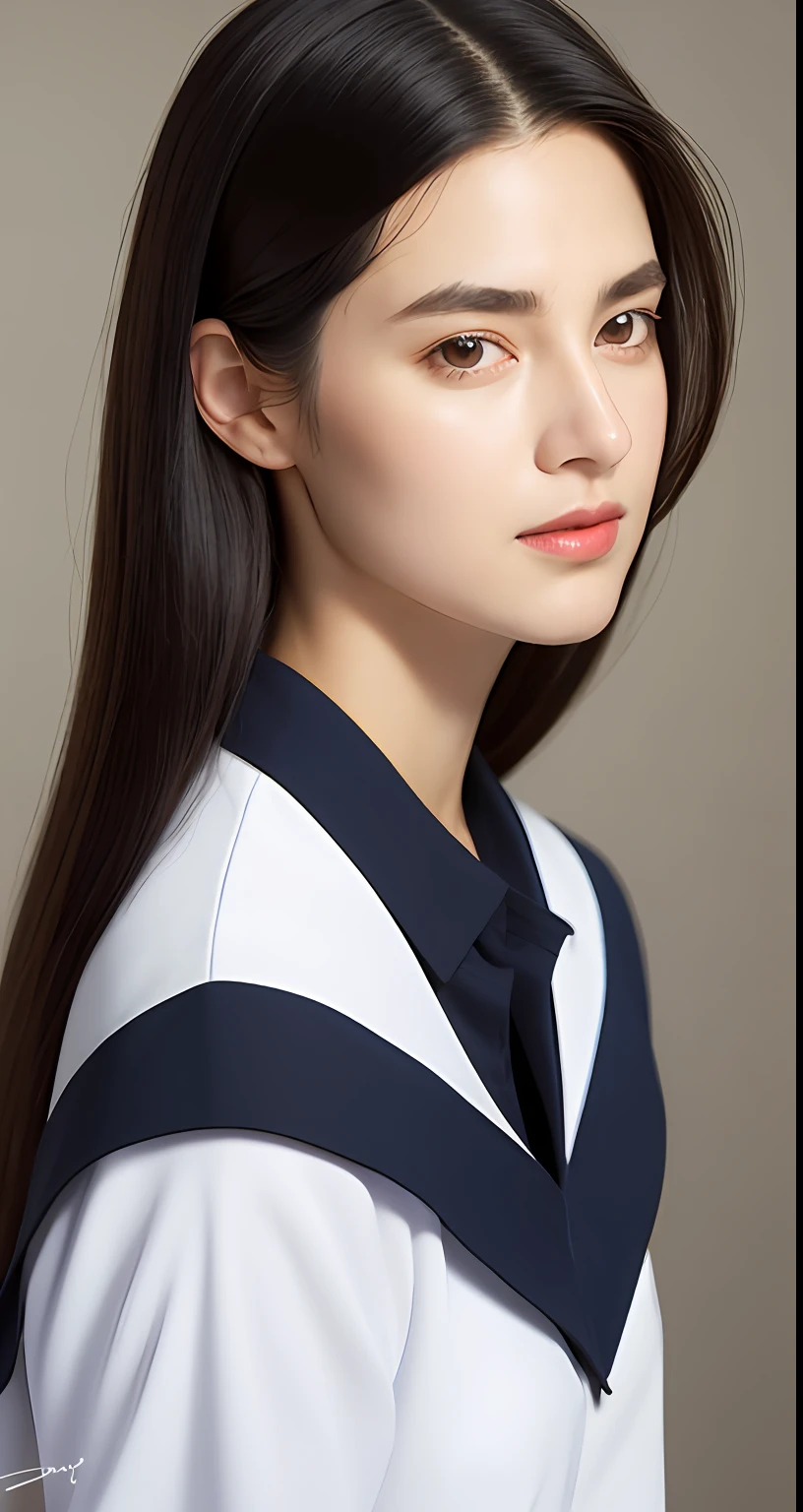 （Photorealism：1.4），（A masterpiece，Sideslit，Delicate and beautiful eyes：1.2），A masterpiece*sportrait，Realism，3D脸，Shiny eyes，Shiny hair，Radiant skin，Solo，embarressed，（Abdomen），Shelcomer tulle black-collared sailor suit，Black hair，Dark eyes，