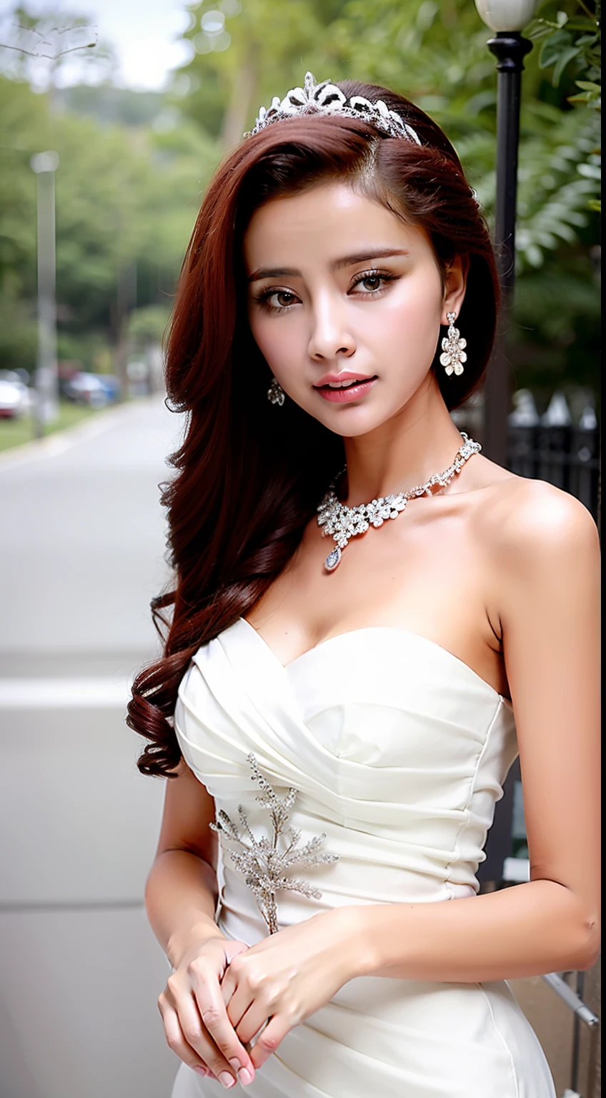 Fashion model 18 years old [[[[closeup cleavage]]]], [[[[boobgasm]]]], [[[[coll]]]], [[[[bshoulders]]]], perfect  eyes, Perfect iris，Perfect lips，perfect teeth，Perfect skin，Long face，slender nose，Soft front light，hdr，Movie girl，on cheongsam，long whitr hair，Long hair with a shawl，Long hair like a waterfall，Green trees and flowers in the background，（pastel colour：1.2）