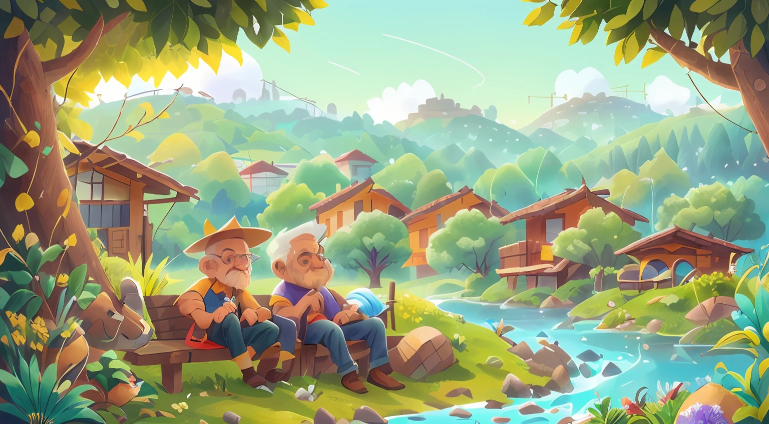 um jovem de 18 anos com cabelos pretos, and a wise old man with more than 80 years of white hair, sentado em um banco,Face detailed, perfect, well sharp;, no fundo pequena cidade, Spring Departure, Feliz, background is a small river interspersed in the mountains, qualidade perfeita, Foco claro rosto perfeito, Colouring, perfeito, detalhes intrincados, angle of view ultra-low, lente grande angular, uma pequena cidade entre montanhas.