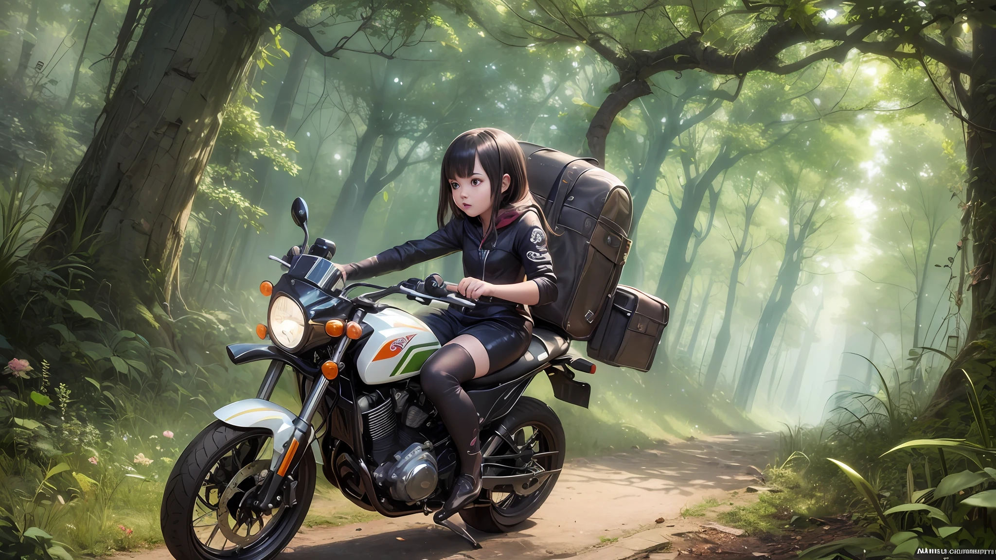 read read a motorcycle in jungle, happy, artwork in the style of guweiz, childrens art in artstation, epic fantasy art style, fantasy character art, fantasy concept, character painting, character art, guweiz masterpiece, epic fantasy style art, adorable digital painting --auto --s2