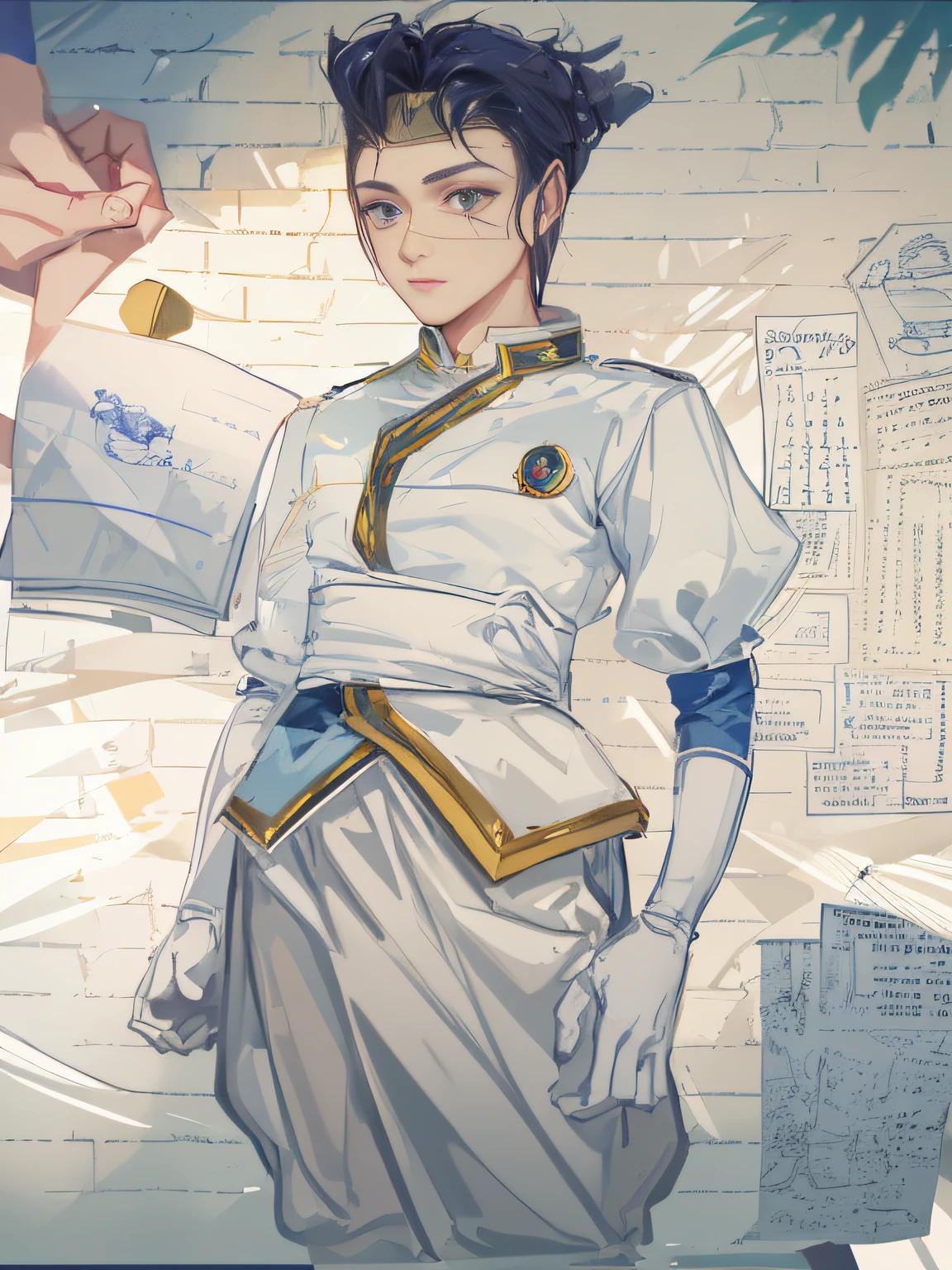 Someone is drawing a picture of a man in a uniform, inspirado em Fan Kuan, inspirado em Jean Xceron, inspirado em Tomioka Tessai, como um personagem de anime, protagonista feminina 👀 :8, personagem de anime, inspirado em Thyrza Anne Leyshon, Beautiful androgynous prince, inspirado por Li Chevalier, delicate androgynous prince