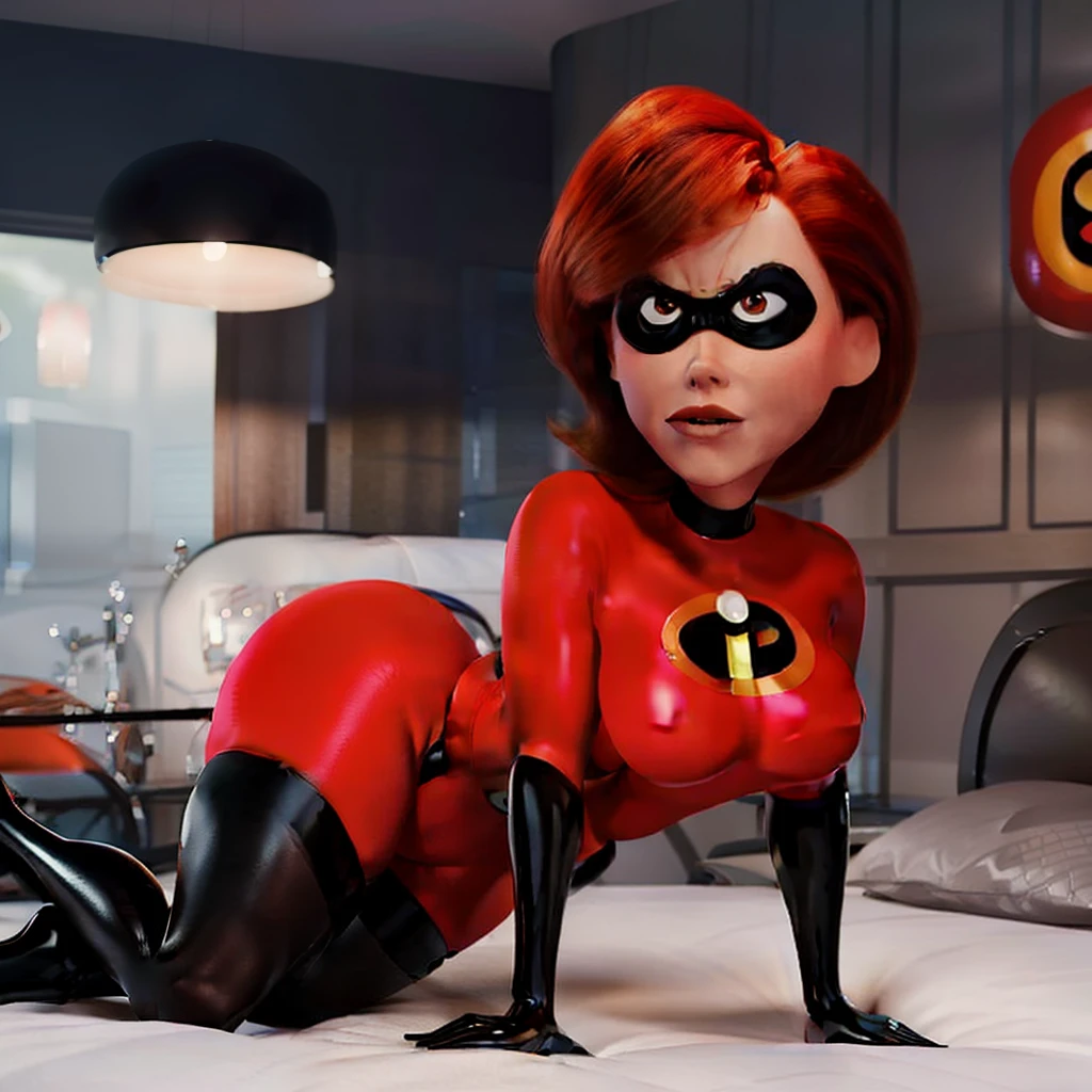 The Incredibles Elastigirl perfect body, in tight clothes, perfect body and face, bedroom, perfect fake breasts, platform boots, latex, slutty, sexy, silicone round breasts, short red hair, showing ass