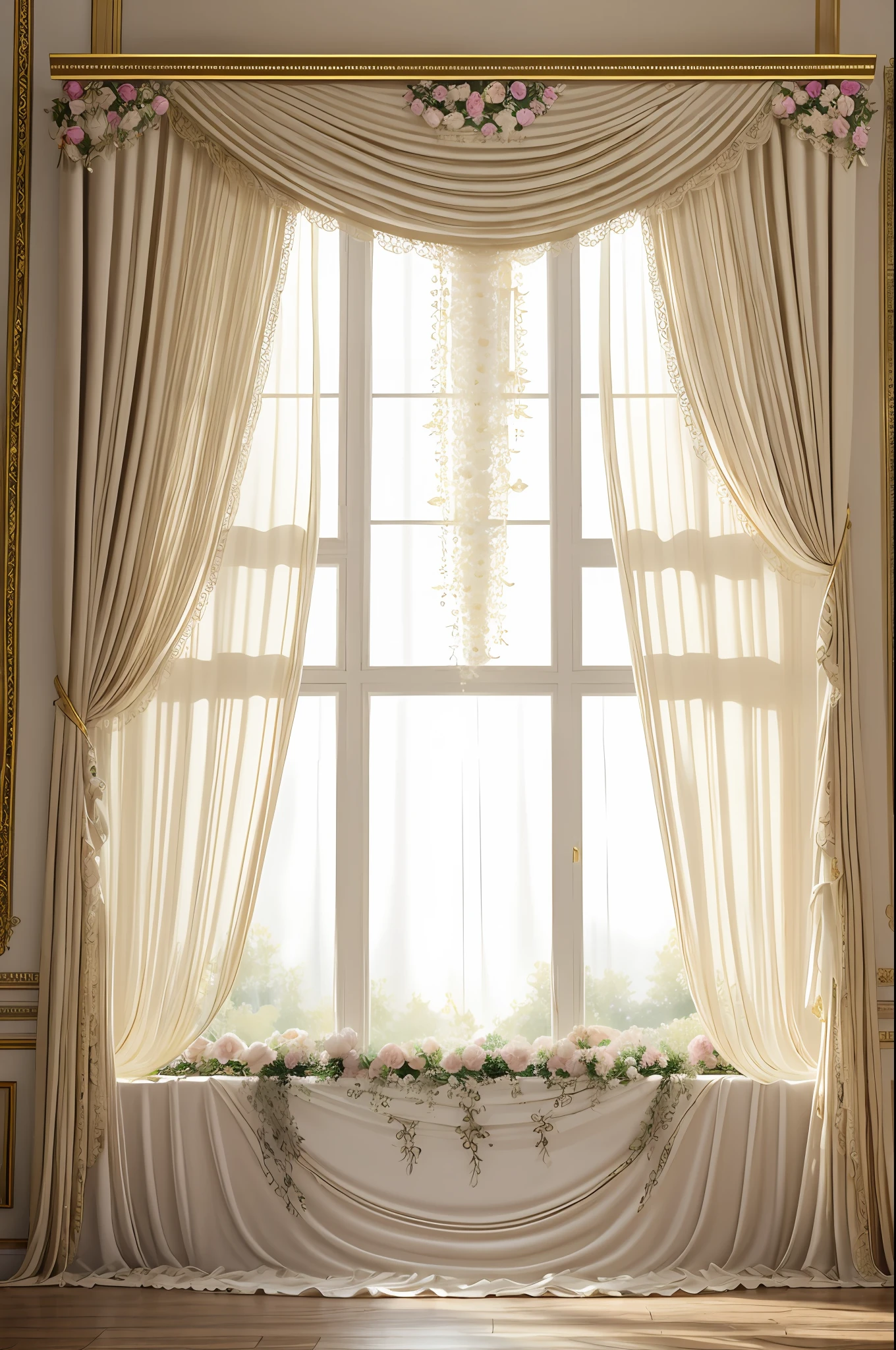 there is a room with a window and a curtain with flowers, beautiful drapes, background made of big curtains, atmospheric beautiful details, stunning arcanum backdrop, baroque style painting backdrop, beautiful studio soft light, cream - colored room, dreamy atmosphere and drama, with backdrop of natural light, lavishly decorated, ornate backdrop, draped in velvet and flowers