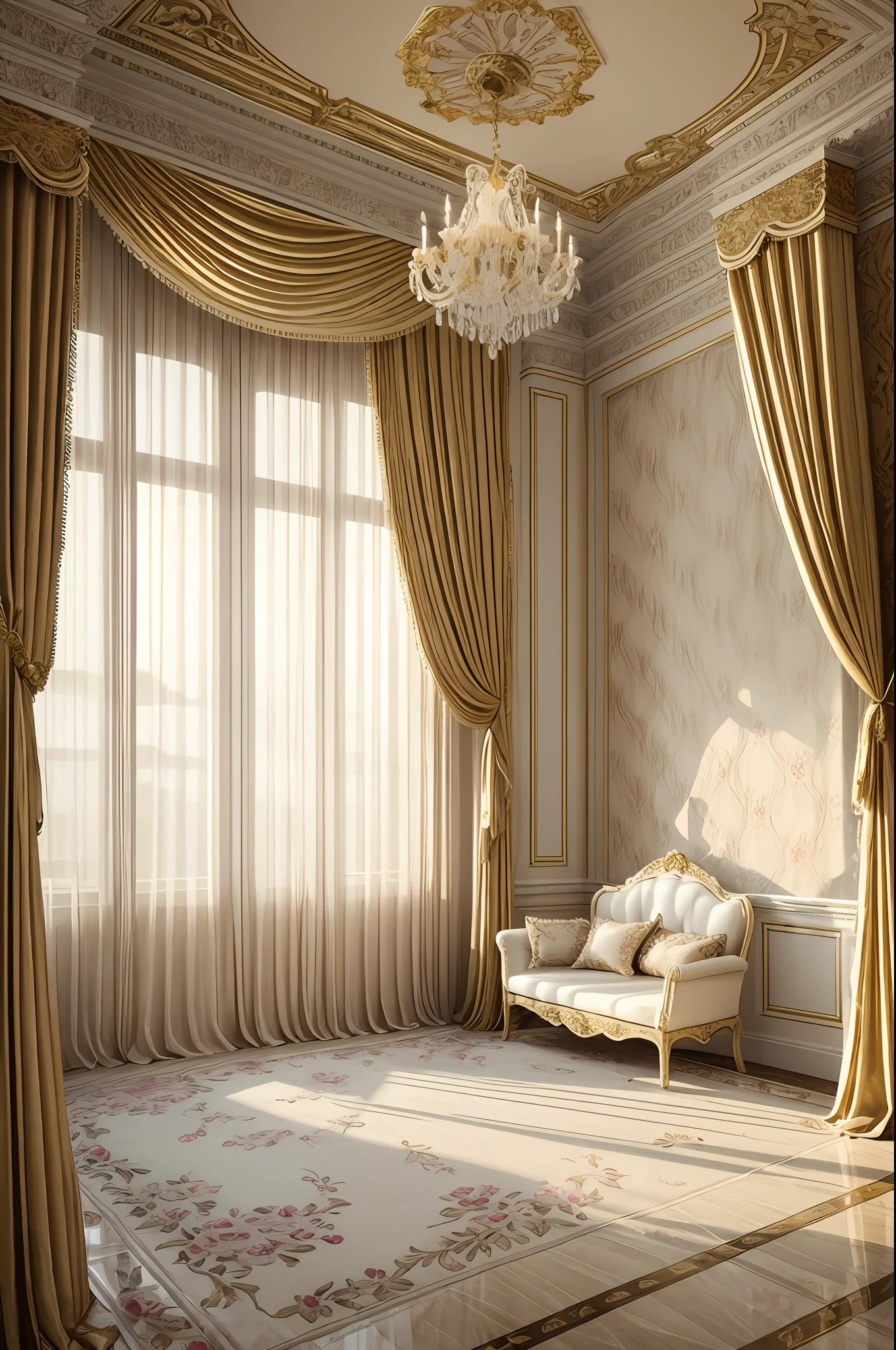 there is a room with a window and a curtain with flowers, beautiful drapes, background made of big curtains, atmospheric beautiful details, stunning arcanum backdrop, baroque style painting backdrop, beautiful studio soft light, cream - colored room, dreamy atmosphere and drama, with backdrop of natural light, lavishly decorated, ornate backdrop, draped in velvet and flowers