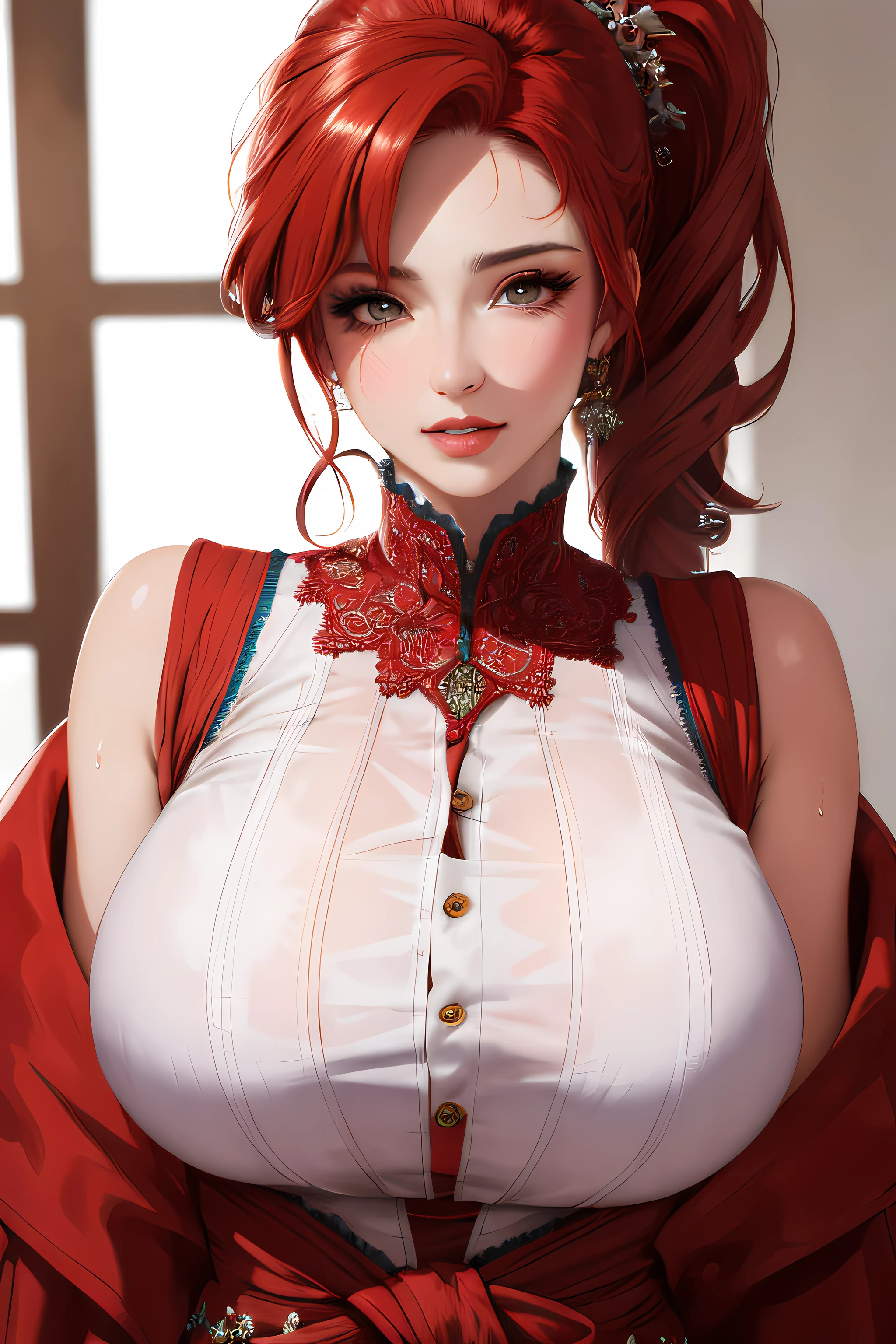 Masterpiece:1.2, Best quality), Realistic, (Real picture, Intricate details, Depth of field), (1girll, Solo), make up, parted lip, highly  detailed, Perfect face,
(Huge breasts:1.4), (skin indentation),  Wide hips, Small waist, Tall, glossy coral lips,
red hair, Red eyes, pony tails,
（Transparent clothing）, （drenched clothes）(full of sweat:1.2),  Sexy, Blushing,