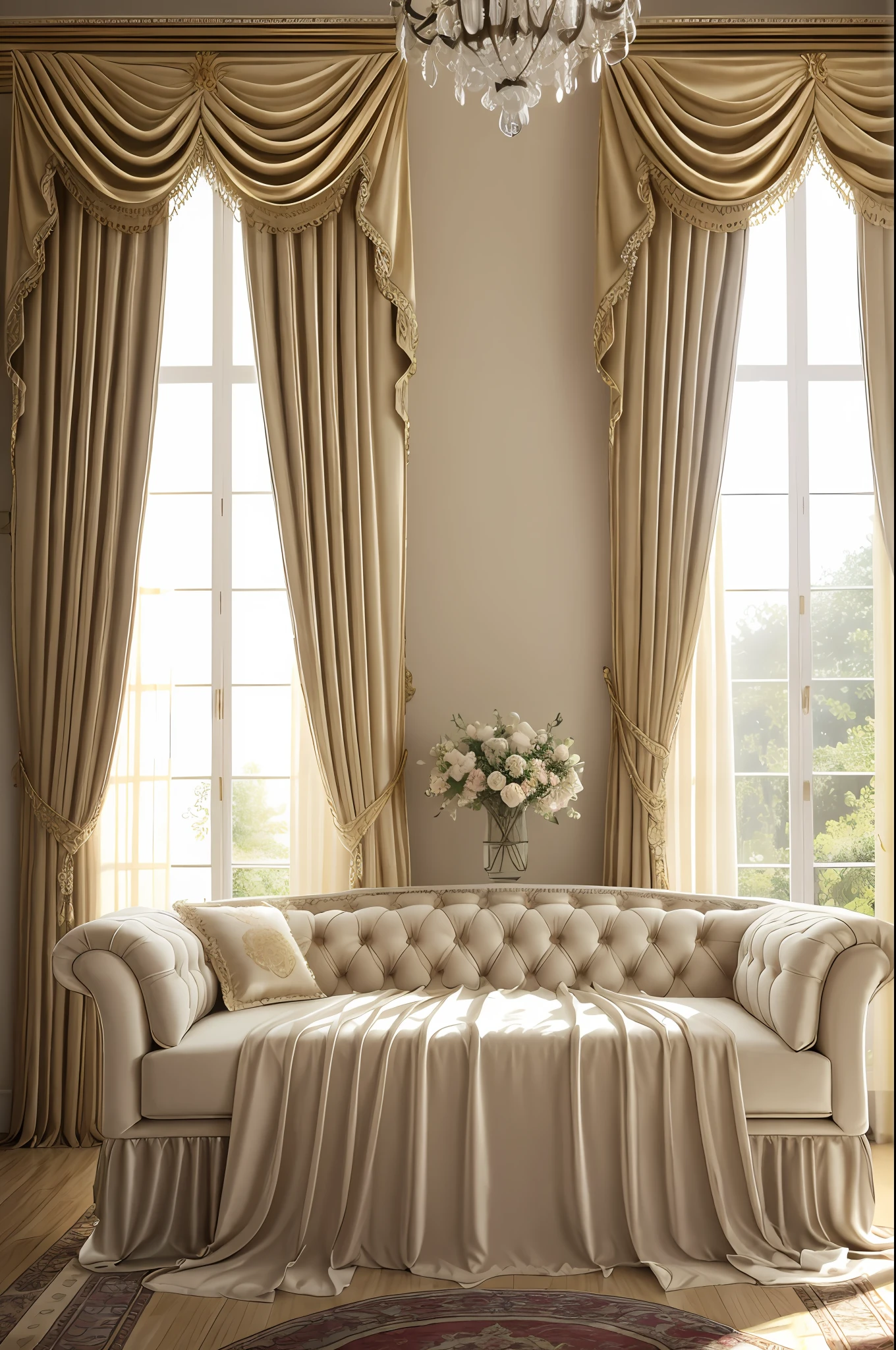 there is a room with a window and a curtain with flowers, beautiful drapes, background made of big curtains, atmospheric beautiful details, stunning arcanum backdrop, baroque style painting backdrop, beautiful studio soft light, cream - colored room, dreamy atmosphere and drama, with backdrop of natural light, lavishly decorated, ornate backdrop, draped in velvet and flowers