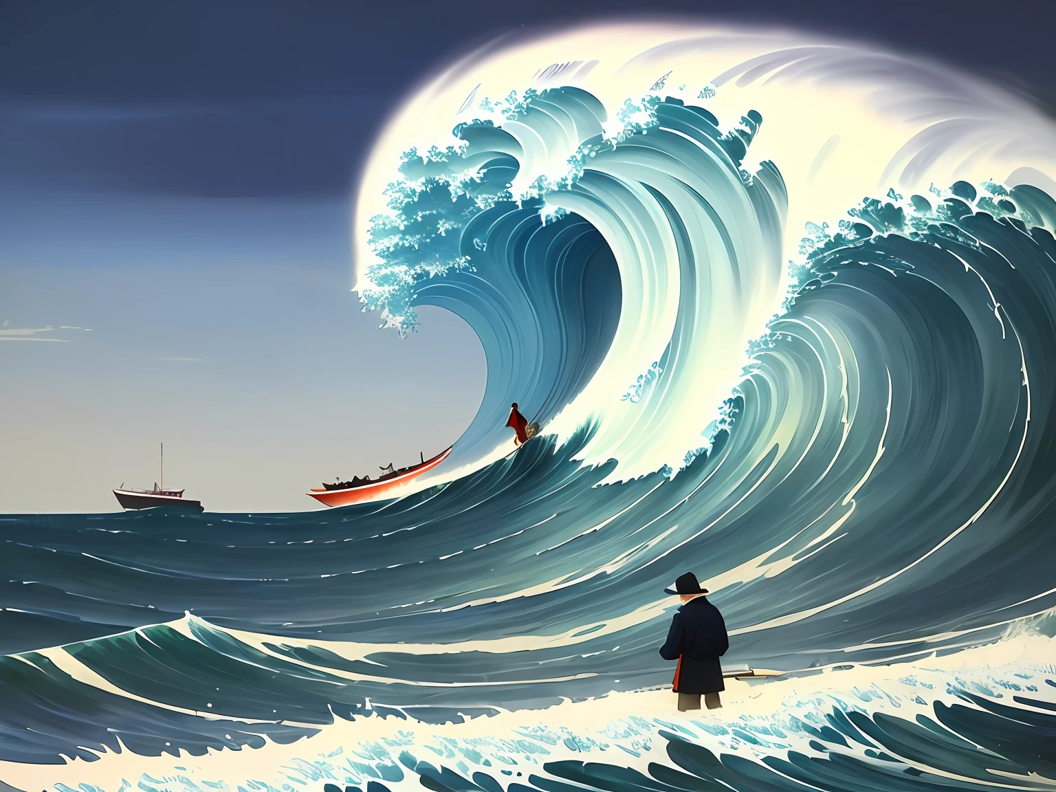 An old man with vicissitudes is fishing,the detail,Make a huge wave on the background,Stormy sky, (great wave off kanagawa), (atey ghailan, author:Jeremy Mann, Greg Manchess, Antonio Moro), trending on artstationh, trending on CGSociety, Intricate, High detail, Sharp focus, Dramatic, Halfway through the art of realistic painting ((greg rutkovsky)), Bokeh on the background, By (Katsushika Hokusai)