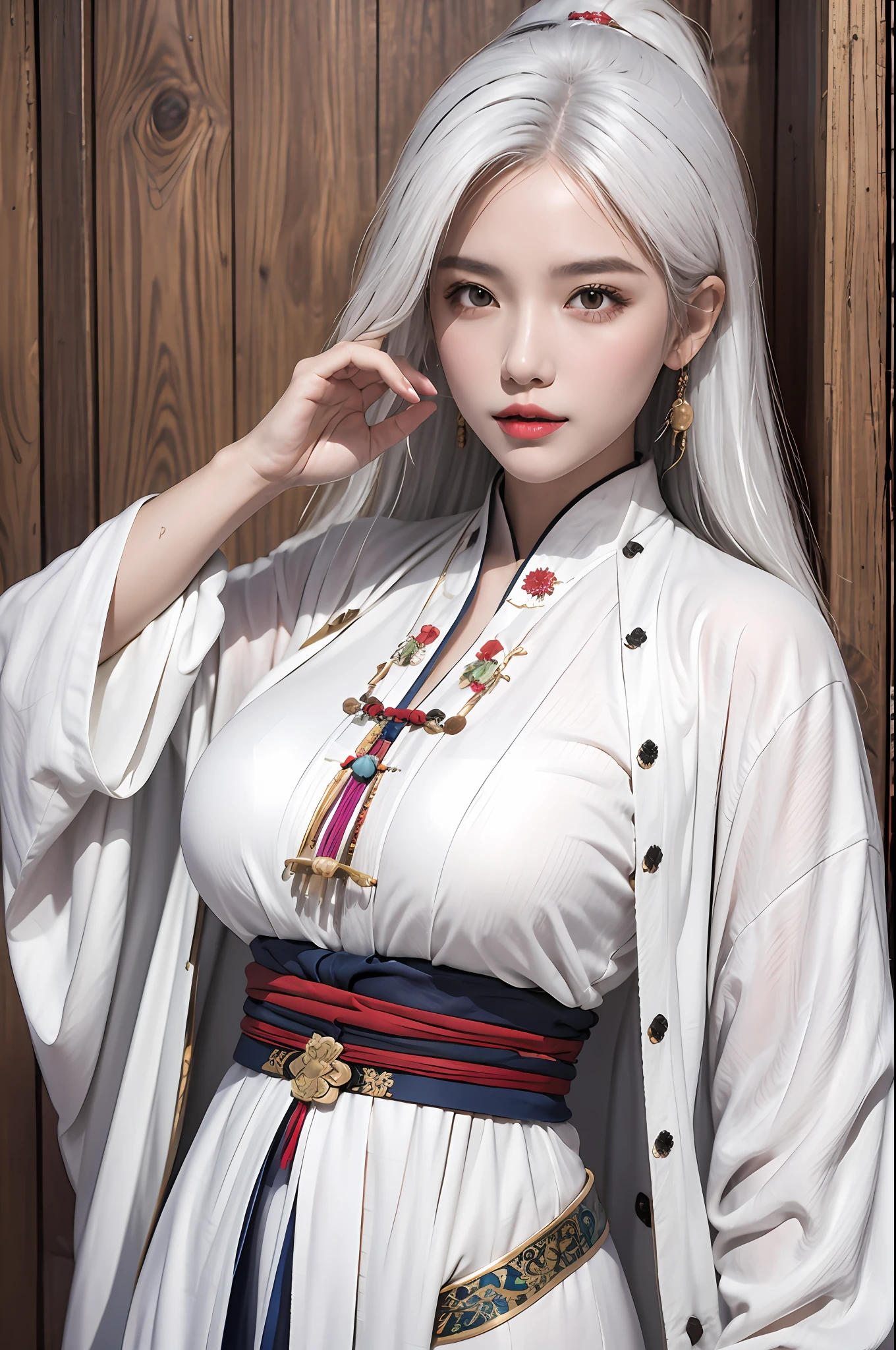 photorealistic, high resolution, 1women, solo, hips up, look at viewer, (detailed face), white hair, long hair, colorful Taoist robe,oversized clothes, midjourney portrait, jewelry
