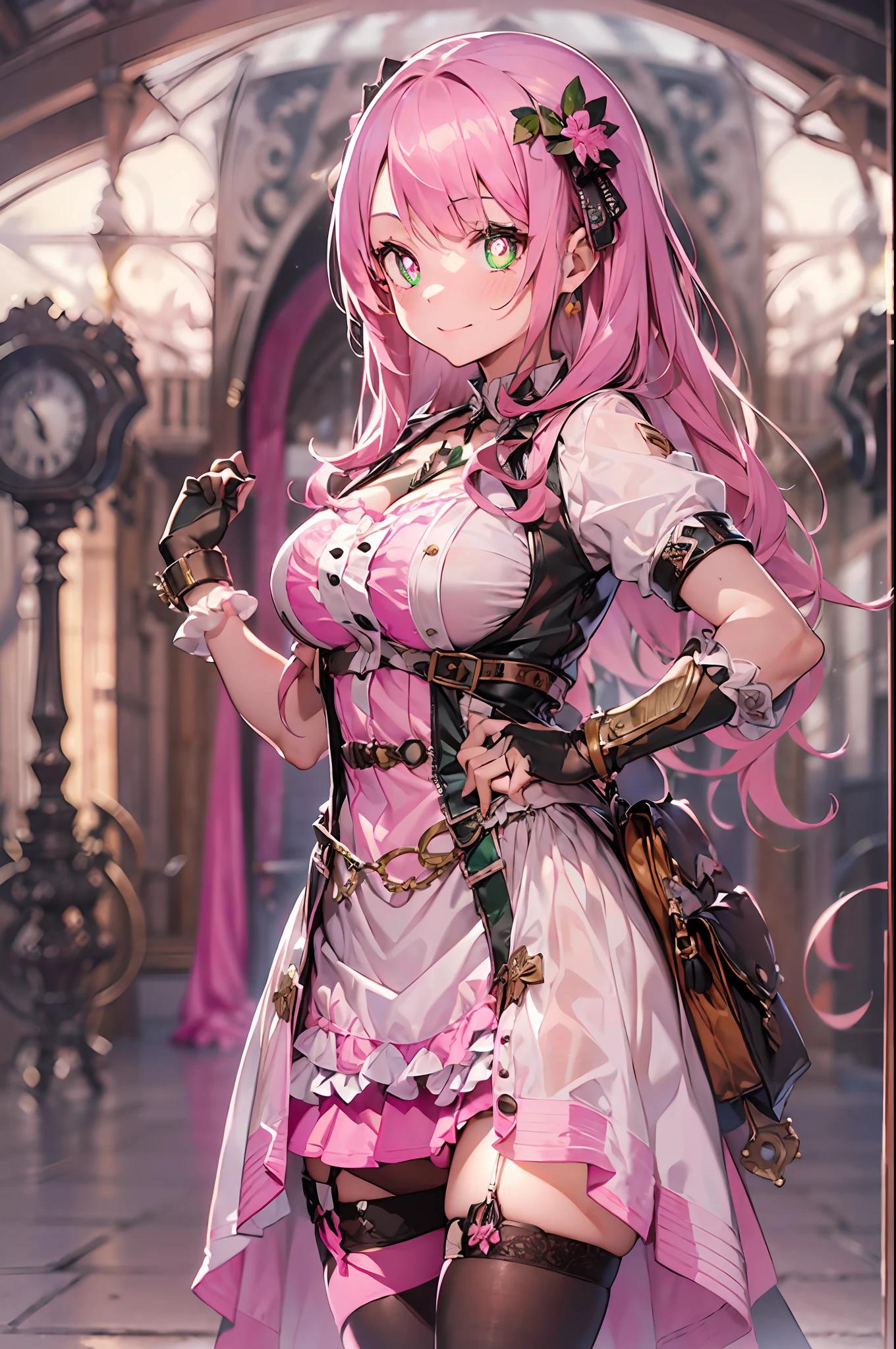 Steampunk style:2.full body shot.(((masutepiece))),((ultra-detailliert,Best Quality, hight resolution, Beautiful clothes,)),fullllbody,Fulll body Shot (1 girl)((Pink hair, Long hair,Straight hair,two side up)) (Green eyes),eyeshadows, eye line,gloweyes, ultradetailed eyes, intricate eyes, Beautiful eyes, ((Glowing pink pupils))18-year-old girl.maid clothes.smile.Kiss the watch .Transparent jacket made of PVC material.