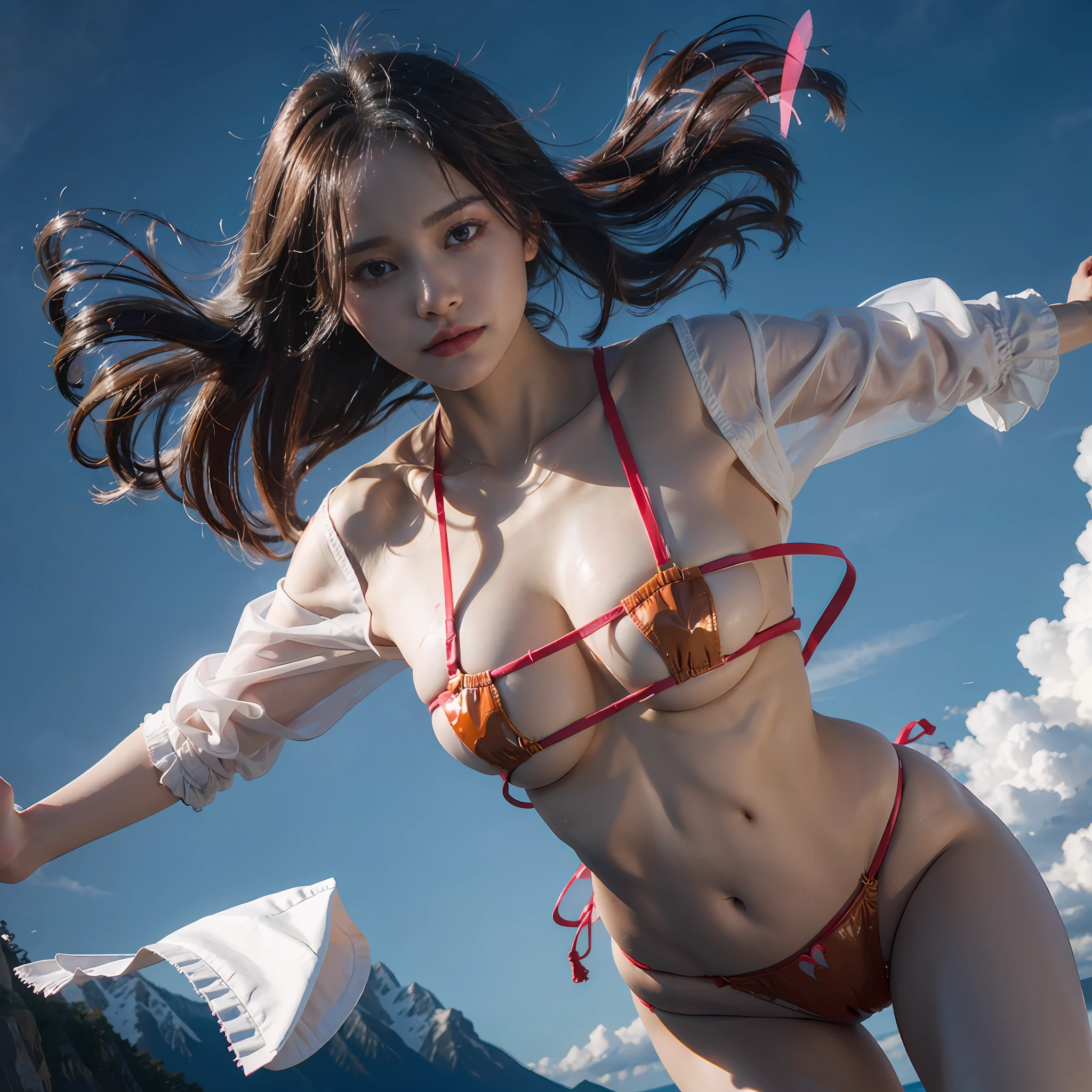 8K full body portrait of young girl、ultra wide lens、skydiving、Falling、Flying、floated hair、Strong wind is blowing、Strangeware、Translucent jacket、There is a red heart-shaped body paint、G-String Panties、Thin cloth、Nipple Top、Camel toe、Photorealsitic:1.37