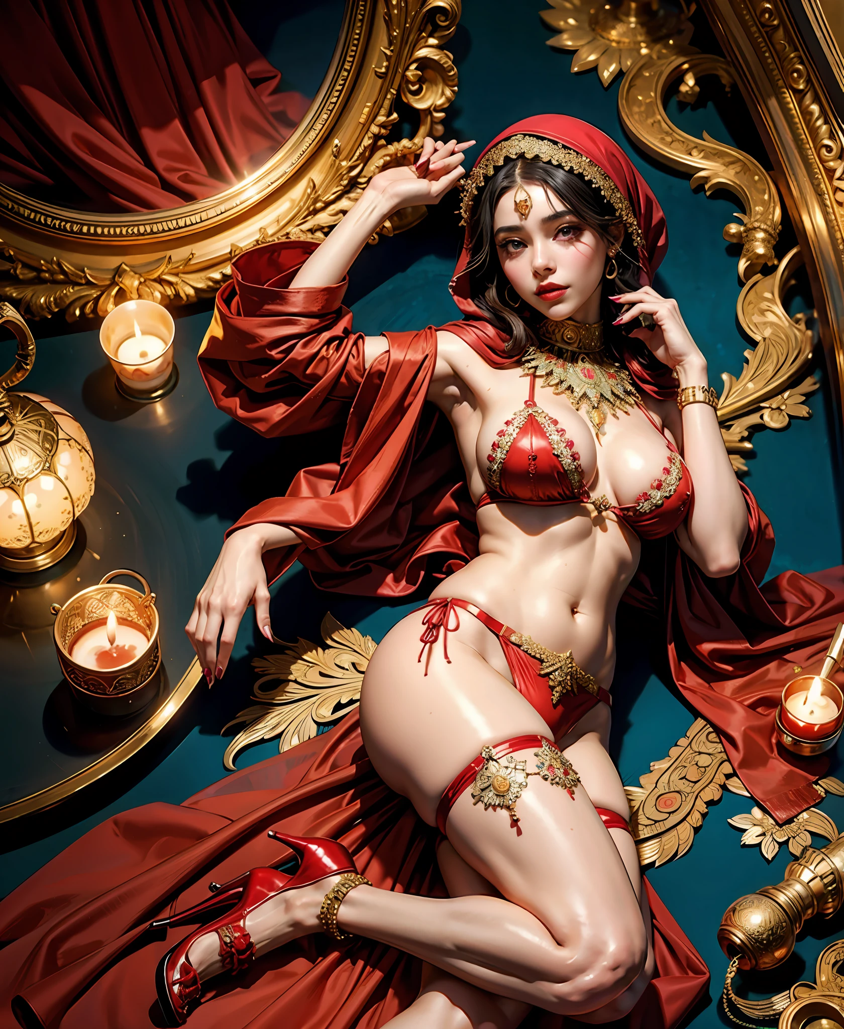 (1 Woman, Arabic ethnicity, Muslim, wearing a silk hijab, crimson red bikini, stockings, 7-inch high heels), makeup, glossy lips, voluptuous breasts, polished nails, tatto under her belly button), official art, unity 8k wallpaper, ultra detailed, beautiful and aesthetic, High quality, beautiful, masterpiece, best quality, (zentangle, mandala, tangle, entangle:0.6.