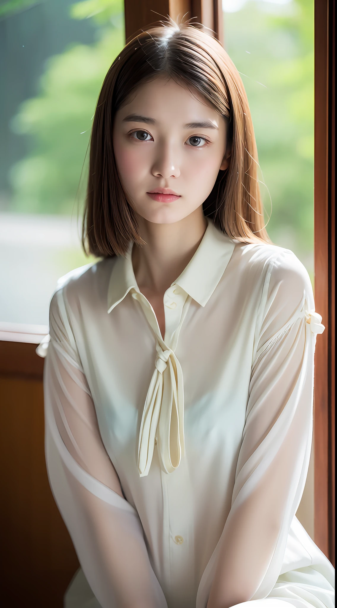 女の子1人, (Full body), Unknown , detailed clothes, (delicate illustration:1.4),(masutepiece:1.0), (Best Quality:1.4), (超A high resolution:1.2), (Photorealistic:1.4), (8K, Raw photo:1.2), (Soft Focus:1.4), (18year old:1.3), (Sharp Focus:1.4), (Renaissance art:1.4), Detailed beautiful face, Super Detailed Face, Detailed lips, detailedeyes, 二重まぶた, (Blouse with white collar), sitting on
