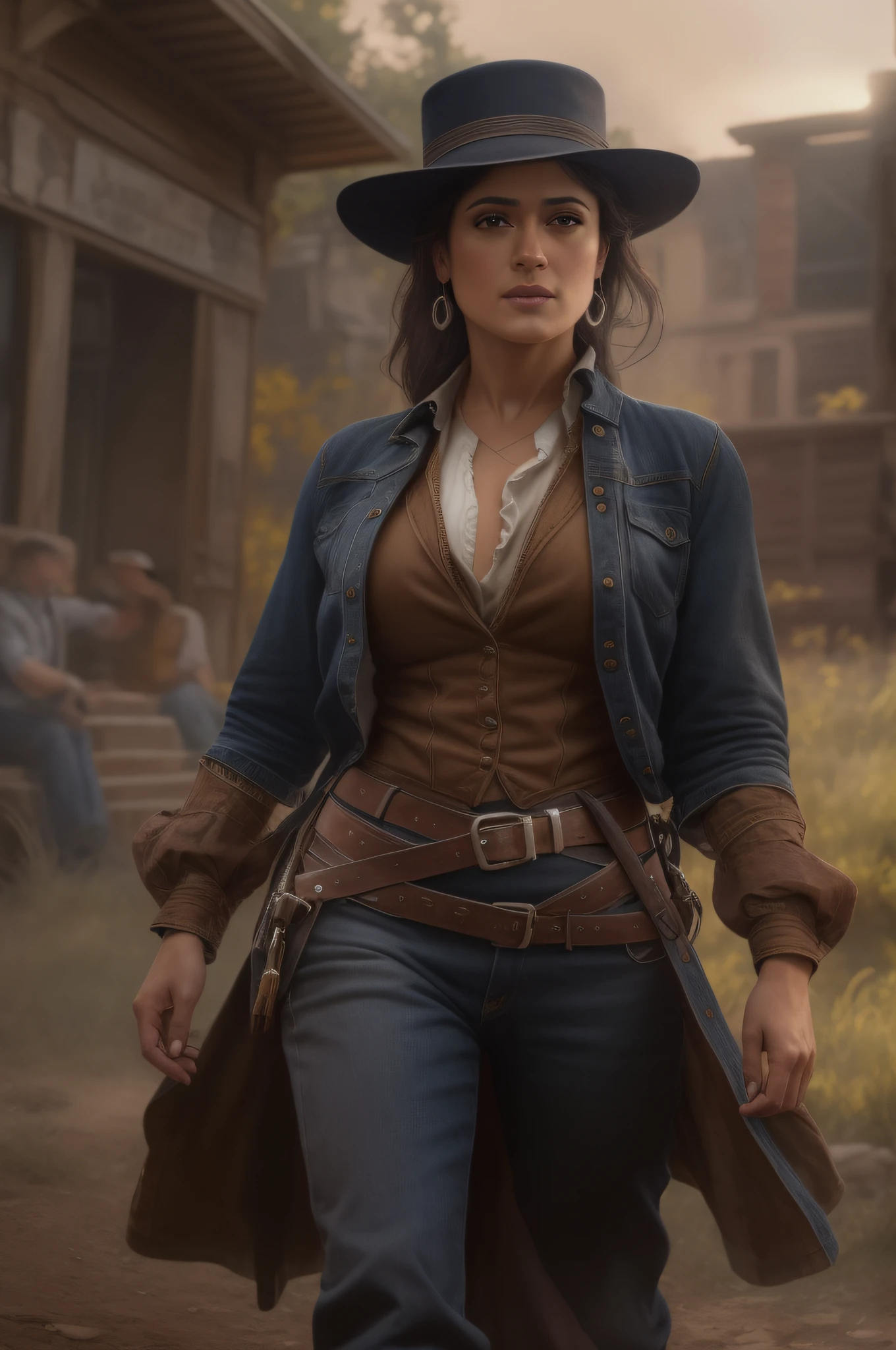 full body, photorealism, realistic, high resolution, raw photo, Salma Hayek in an old western outfit, perfect detailed symmetric eyes, realistic characters, (beautiful hands, detailed fingers: 1.5), by Sandro Botiicelli, Renaud Matgen, full body portrait, concept art portrait by fusion between Jeremy Mann, Childe Hassam, Daniel F. Gerhartz, Rosa Bonheur, Thomas Eakins, cinematic, hyperdetailed intricately detailed Splash art trending on artstation triadic colors, unreal engine 5, cinematic lighting, 8k uhd, dslr, soft lighting, high quality, film grain, Fujifilm XT3, 16K