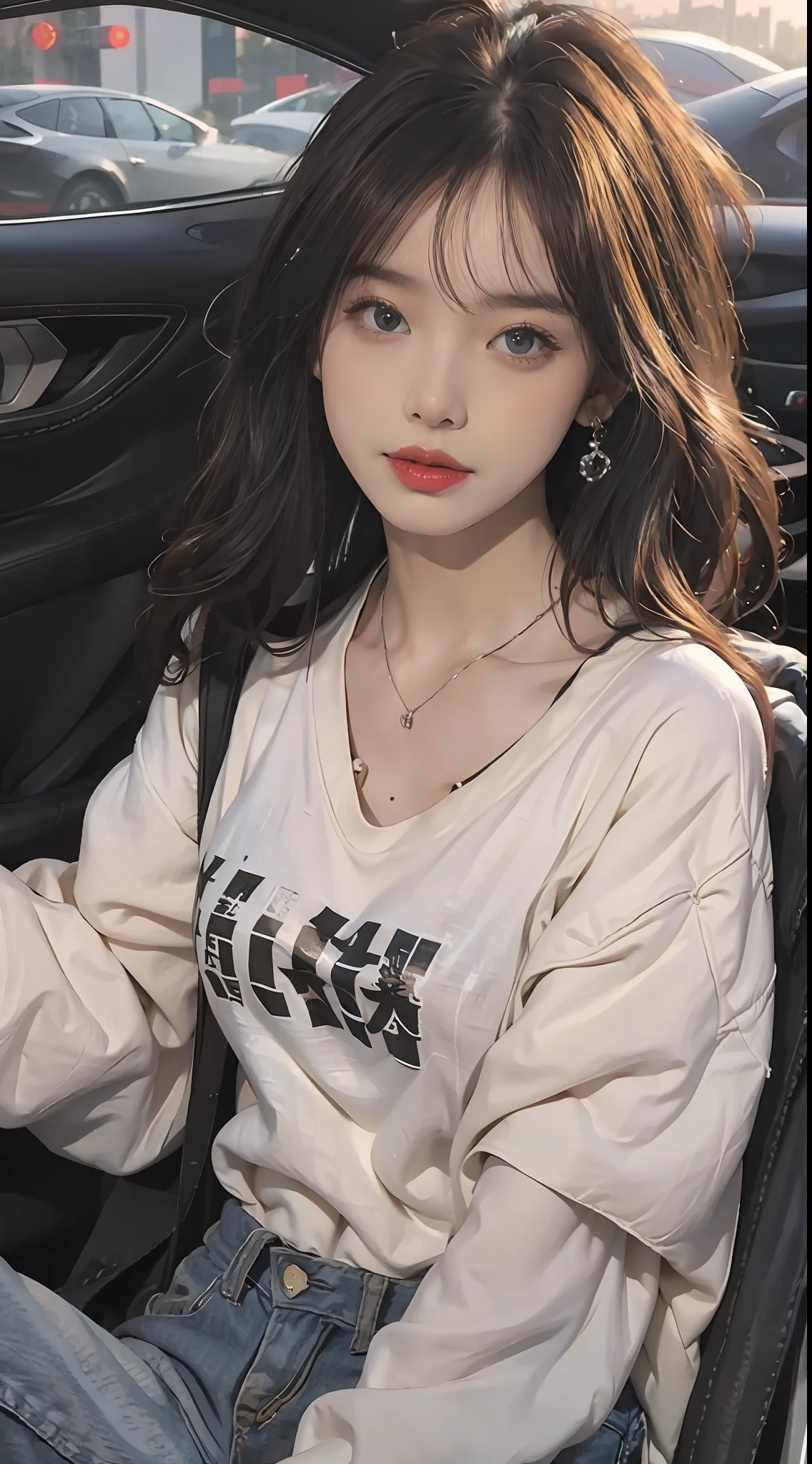 best qualtiy，tmasterpiece，8K ultra-high resolution，（realisticlying：1.2），RAW photogr，（Evening street），1个Giant Breast Girl，黑The eye，looking at viewert，long whitr hair，Light makeup，cparted lips，tiny ears，whitet-shirt，denim short，耳Nipple Ring，Sit in Ferrari，Bigchest，Slim