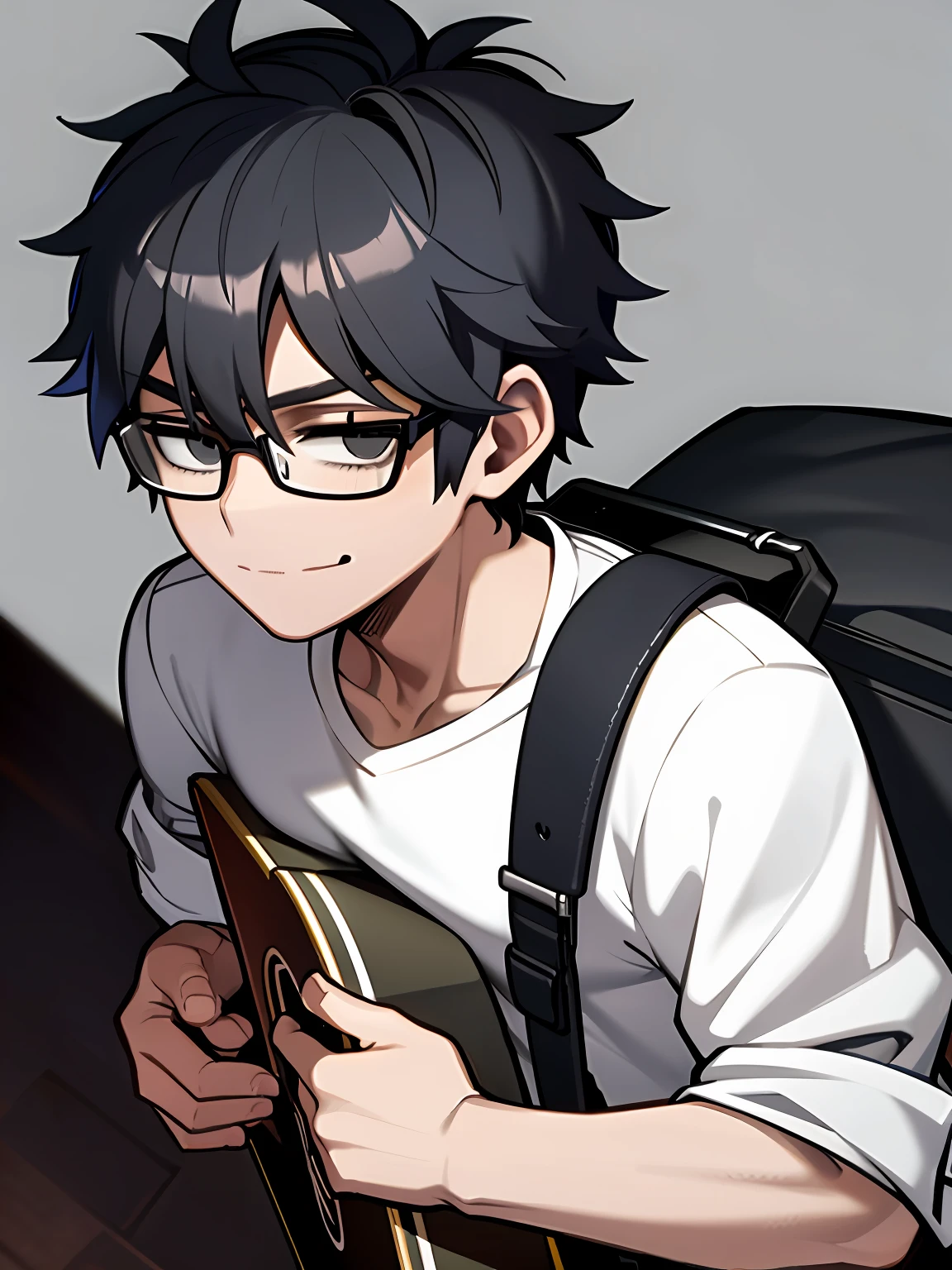 The focus is on a male character with black short hair, black eyes, a gentle smile, and he wears black-framed glasses with his mouth slightly open. He is carrying a guitar in a black bag on his back, presented from a dynamic angle.